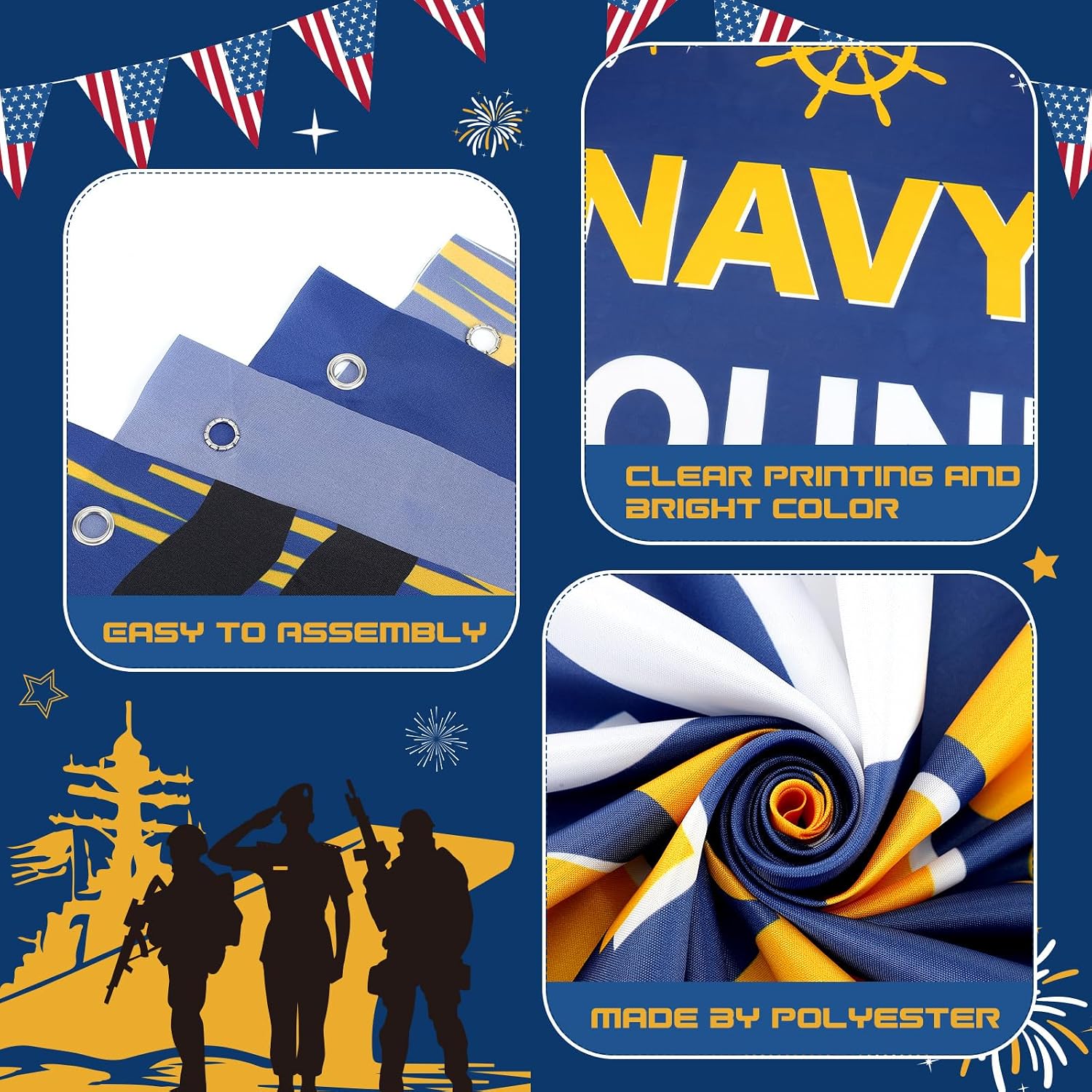3Pcs Navy Bound Boot Camp Decorations, Blue Patriotic Sailor Welcome Porch Sign and Large Backdrop Banner Set, Welcome Boot Camp Fabric Sign for Enlistment Going Away Graduation Party