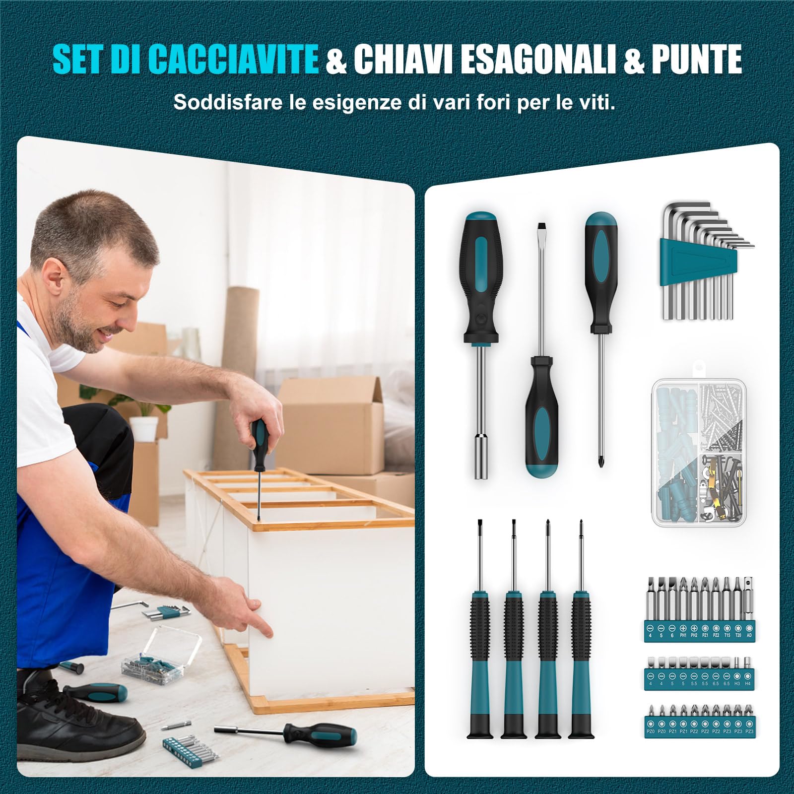Sundpey Cassetta Attrezzi Completa 206 Pezzi, Trapano Avvitatore Batteria 12V per Serrare/Allentare Viti, Set Attrezzi da Lavoro Valigia Attrezzi Completa per Riparazioni Casalinghe e Fai da Te, Blu