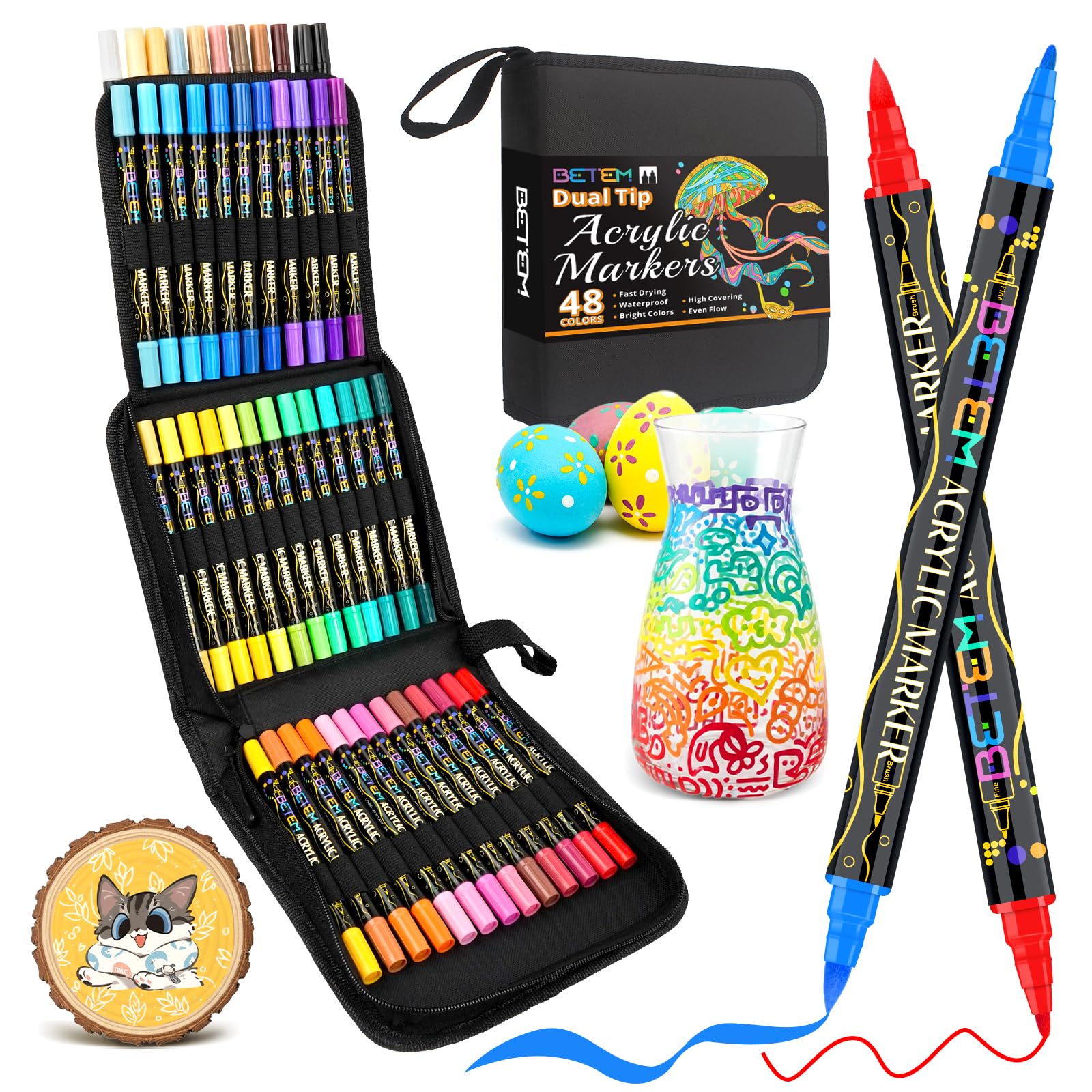 Betem Paint Markers Acrylic Paint Pens, Dual Tip 48 Colors Acrylic Markers with Brush Tip and Fine Point, Art Supplies for Wood, Canvas, Stone, Glass, Rock Painting Kit DIY Crafts Drawing Kit with Bag