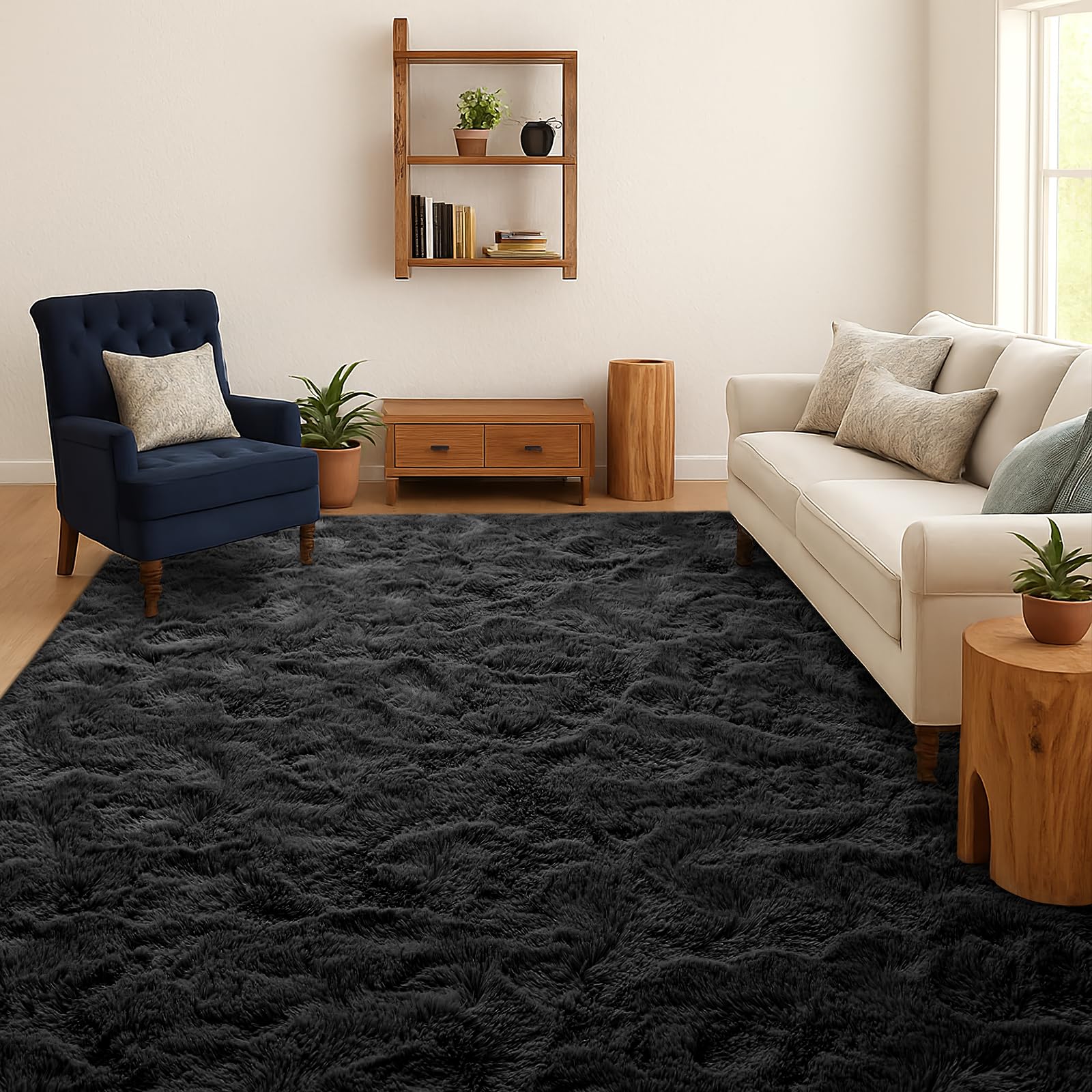 SOANNY Hochflor Große Wohnzimmer Teppich, Einfarbig Schwarz, Waschbar, Anti Rutsch, Flauschig Teppiche, Flauschige Moderne Matte für Schlafzimmer Kinderzimmer, 160 x 230 cm