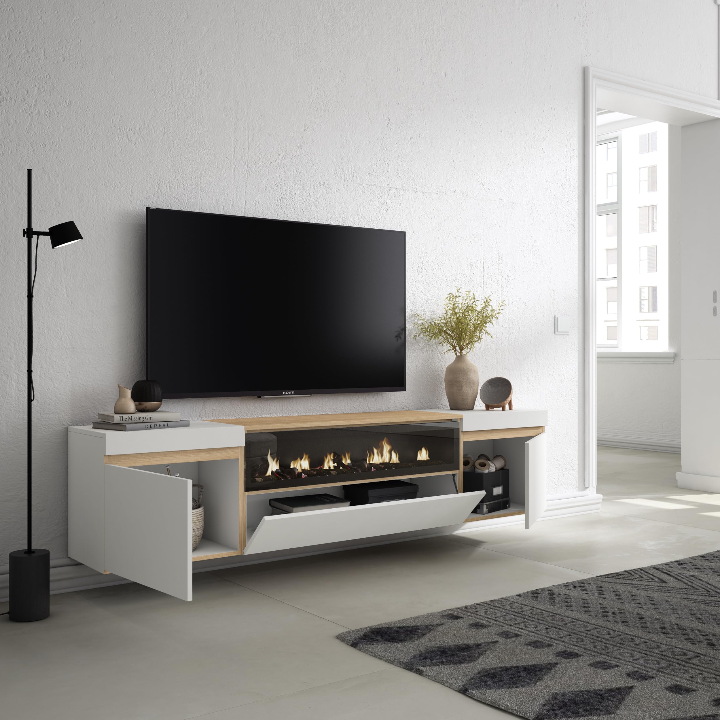 Skraut Home | Mobile TV Soggiorno | Ampio spazio a disposizione | 200x45x35cm | Per TV fino a 80" | Camino elettrico | Sospeso, da appendere | Stile moderno | Bianco e Rovere soft