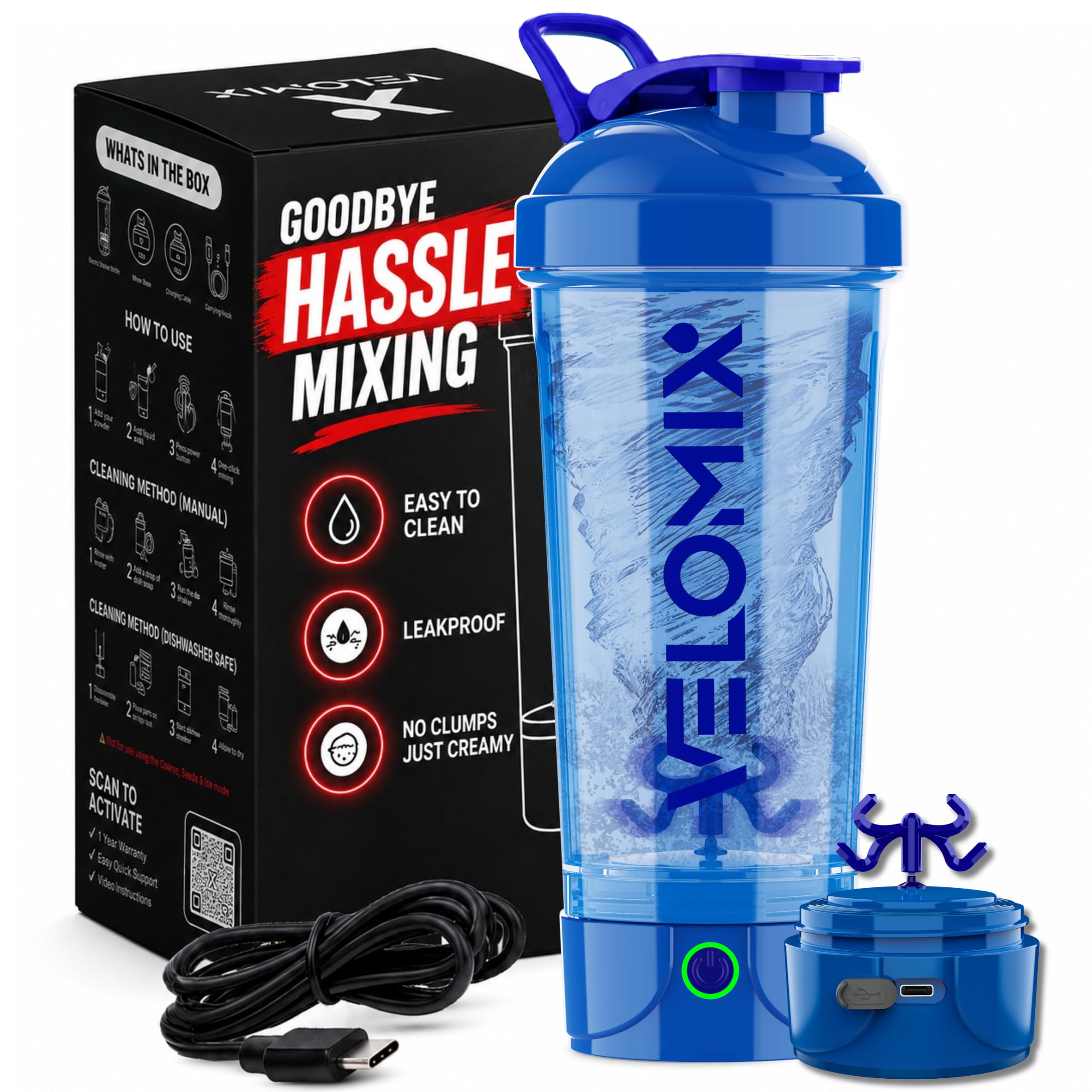 VELOMIX 24oz Electric Protein Shaker Bottle for Protein Mixes, Blue