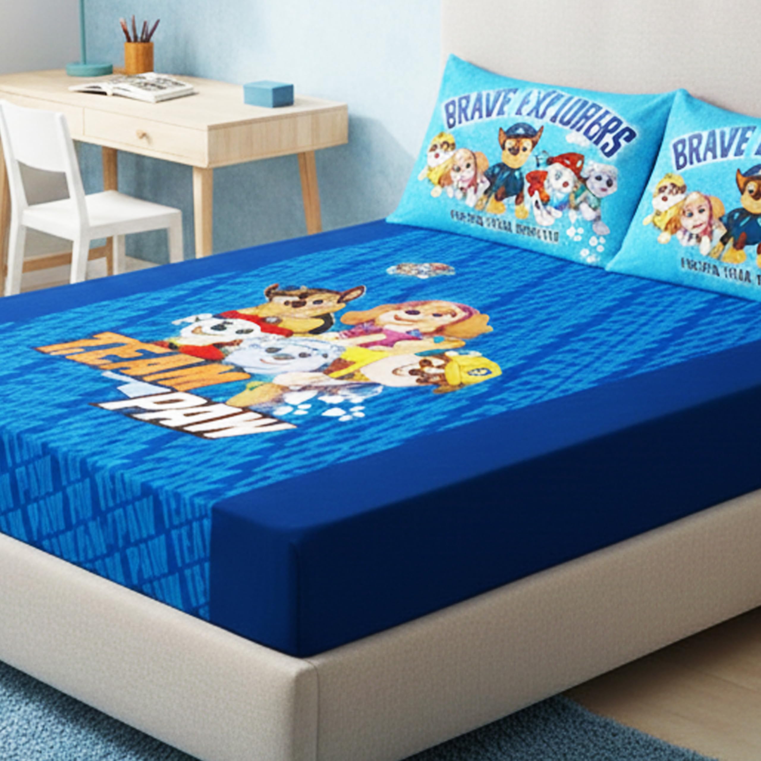 Athom Living Paw Patrol – Blue Themed Cotton Double Bedsheet Set with 2 Matching Pillow Cover, Premium Soft Fabric, Vibrant Designs, Perfect for Kids Bedroom, Easy Wash & Durable | 270x270 cm 2