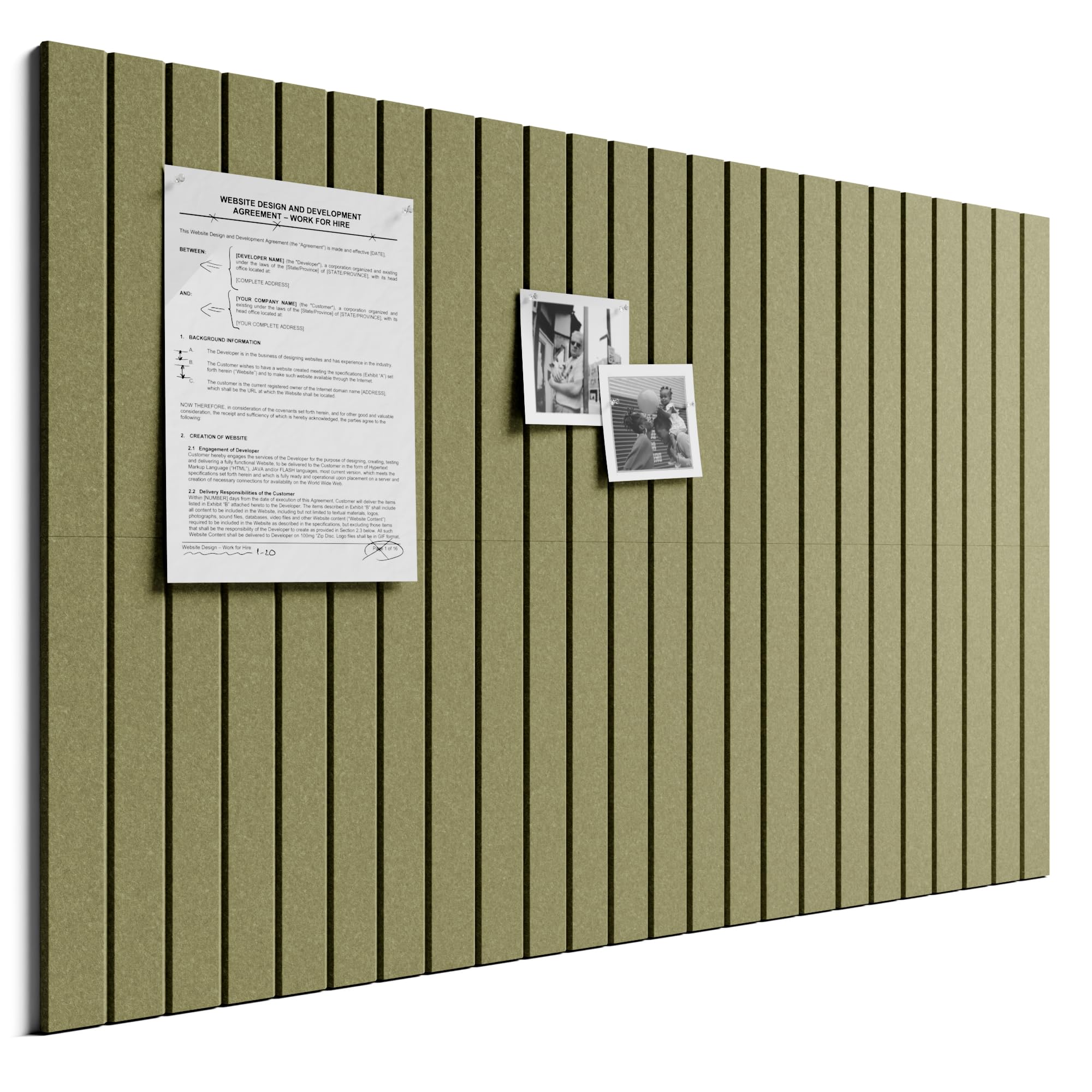 Bumusty Large Cork Board Alternative-36 x 24" Felt Bulletin Board Tiles, with 30 Pushpins, 40 Adhesive Tabs, 6-Pack Slat Wall Paneling, Cork Boards for Office Push Pin Board Felt Board-Olive Green
