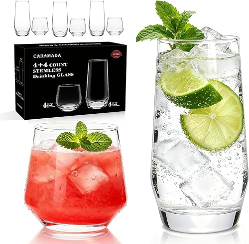 Juego de vasos para beber, 4 vasos altos de 18 onzas y 4 vasos de rocas sin tallo de 13 onzas, vasos de vidrio, juegos de cristalería para cóctel,