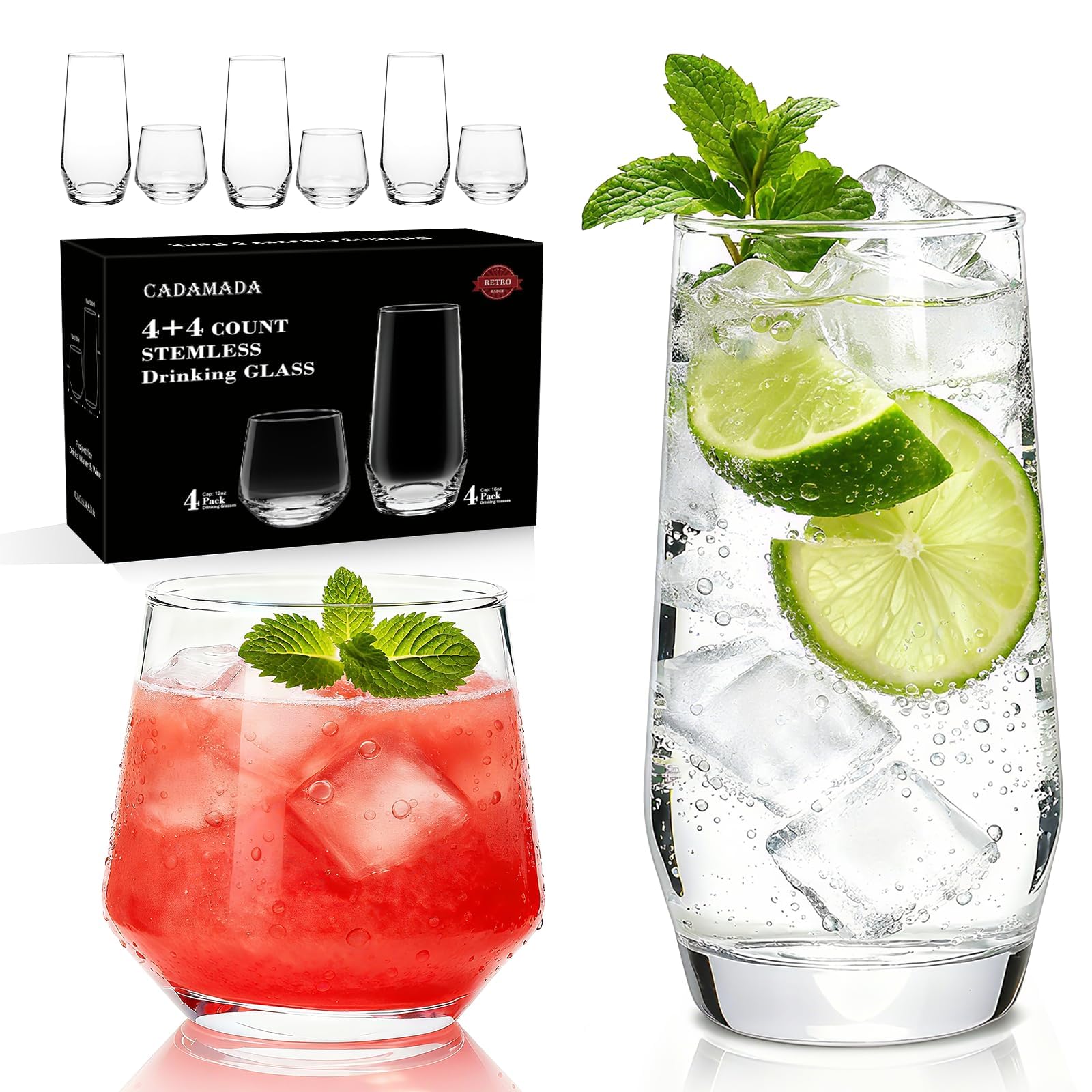 Cadamada Drinking Glasses Set 4 Highball Glasses 18 oz 4 Stemless Rocks Glasses 13 oz Glass Cups Glassware