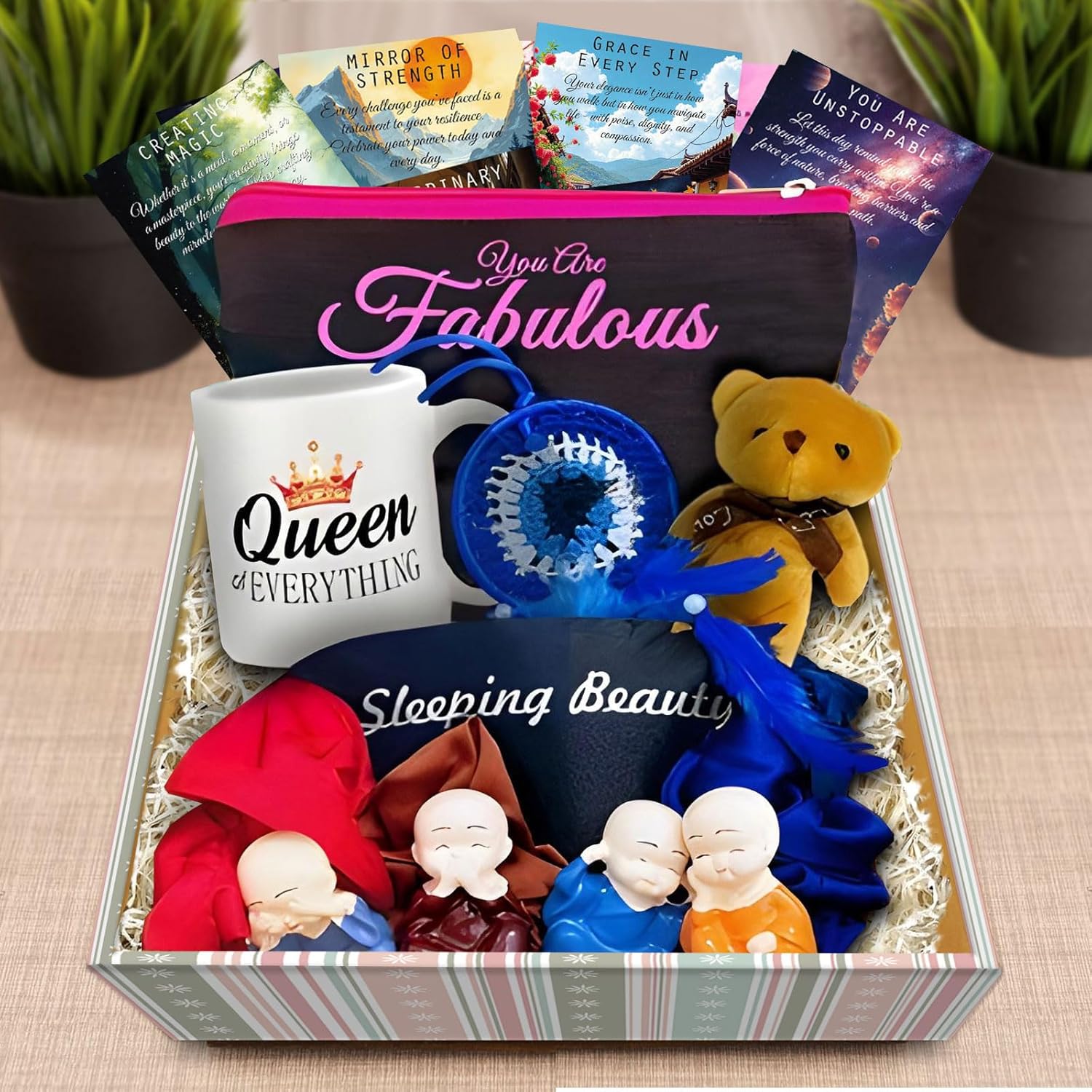 exciting Lives Set of 8 Women Hamper – Gift for Christmas, Christmas Day, Birthday, Anniversary, Gift For Sister, Mother, Wife, Girlfriend – Cute Monks, Mug, Pouch, Easel Greeting Card, Scrunchies, Eye Mask Combo