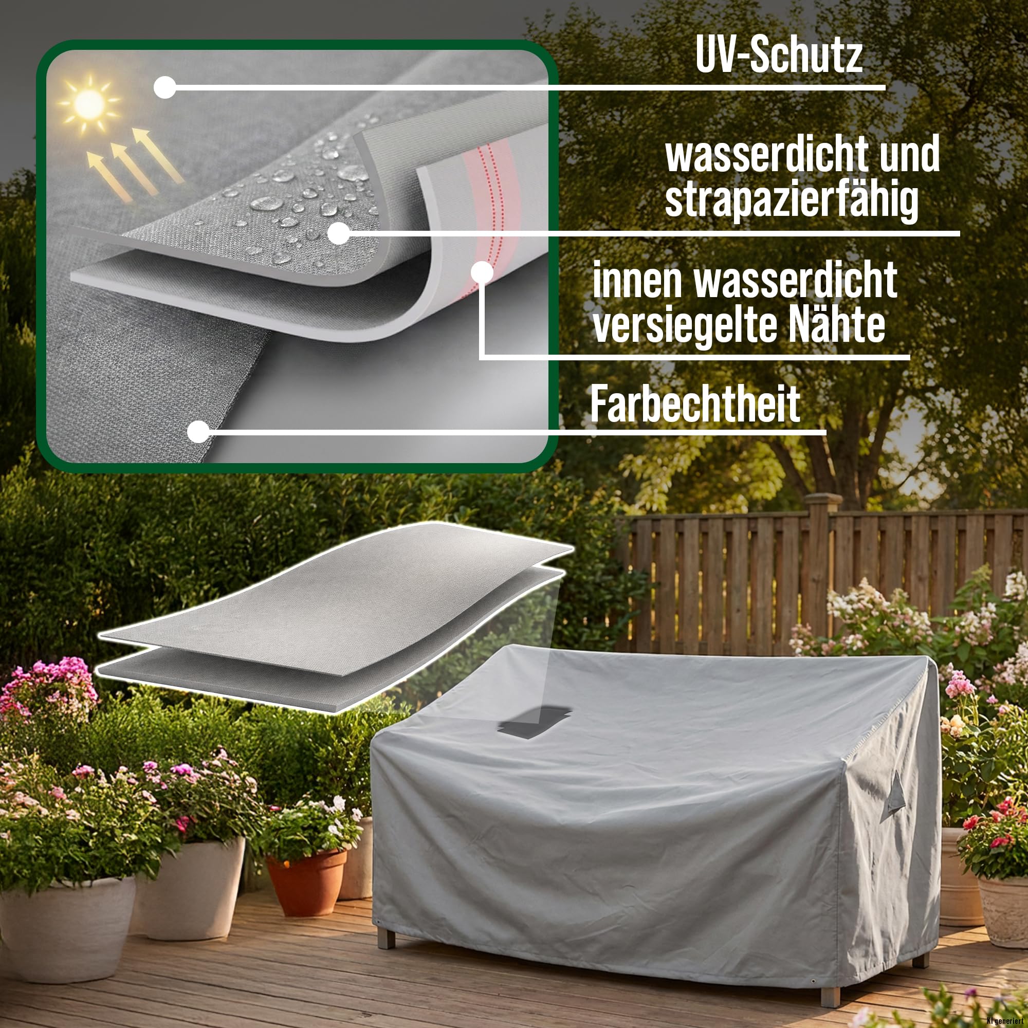 Gartenbank Abdeckung 3 Sitzer, 183x75x66/91 cm, grau, Oxford 600D Gewebe, Schutzhülle Gartenbank, wasserdicht, UV-beständig und wetterfest