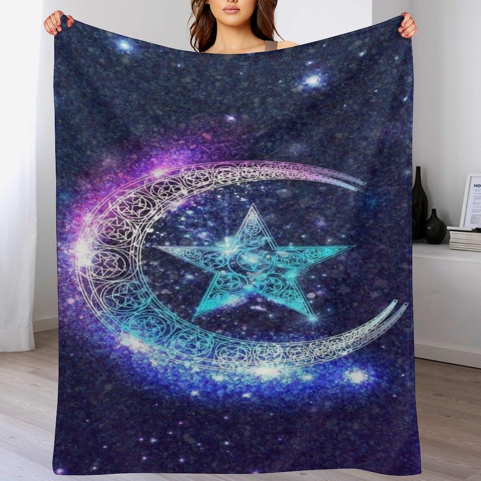 Couverture lune et étoiles en flannel polaire douce et chaude pour lit ou canapé 100x130cm
