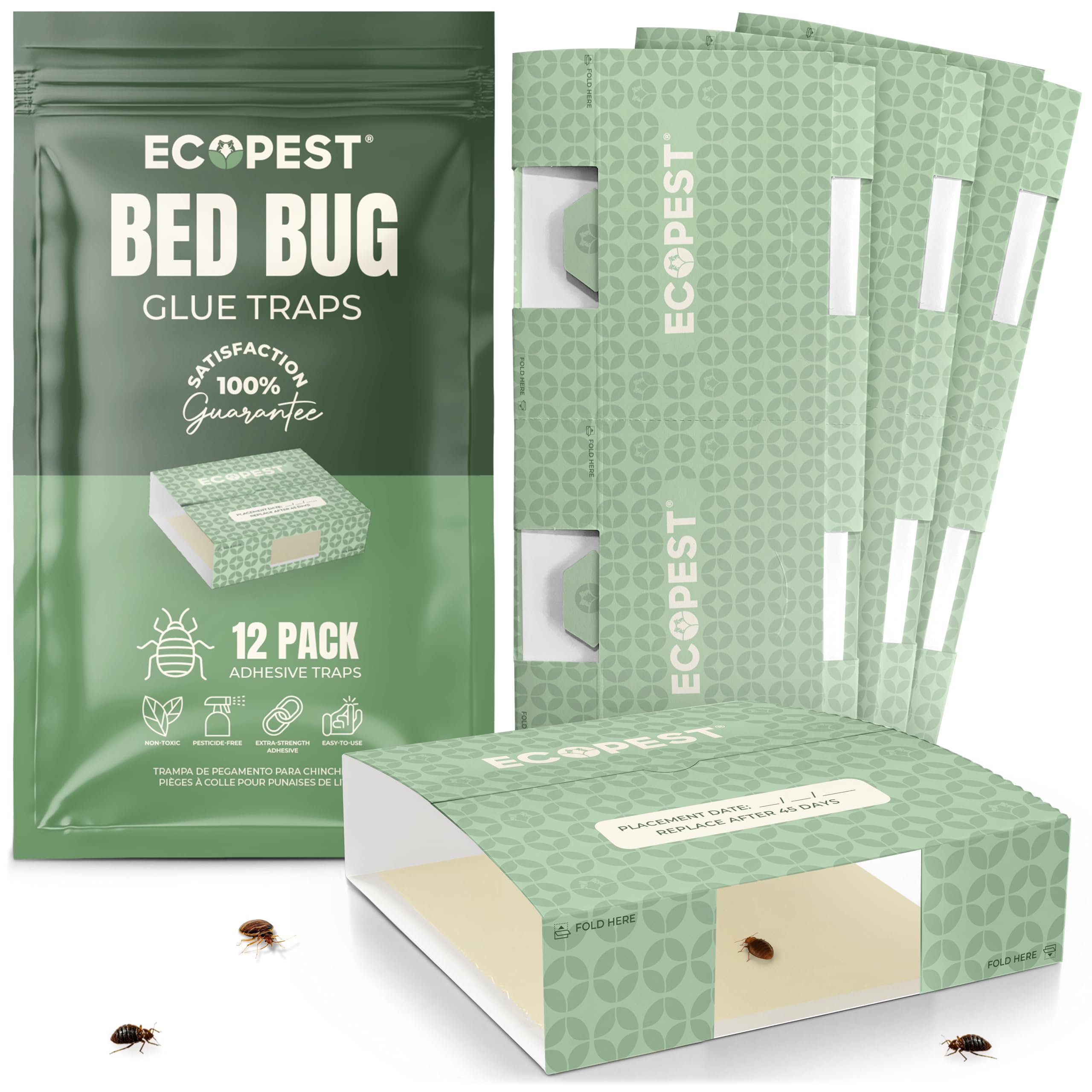 ECOPESTBed Bug Glue Traps – 12 Pack | Sticky Indoor Pest Control Trap for Use with Beds and Other Furniture | Adhesive Crawling Insect Trap, Monitor, and Detector for Bed Bugs