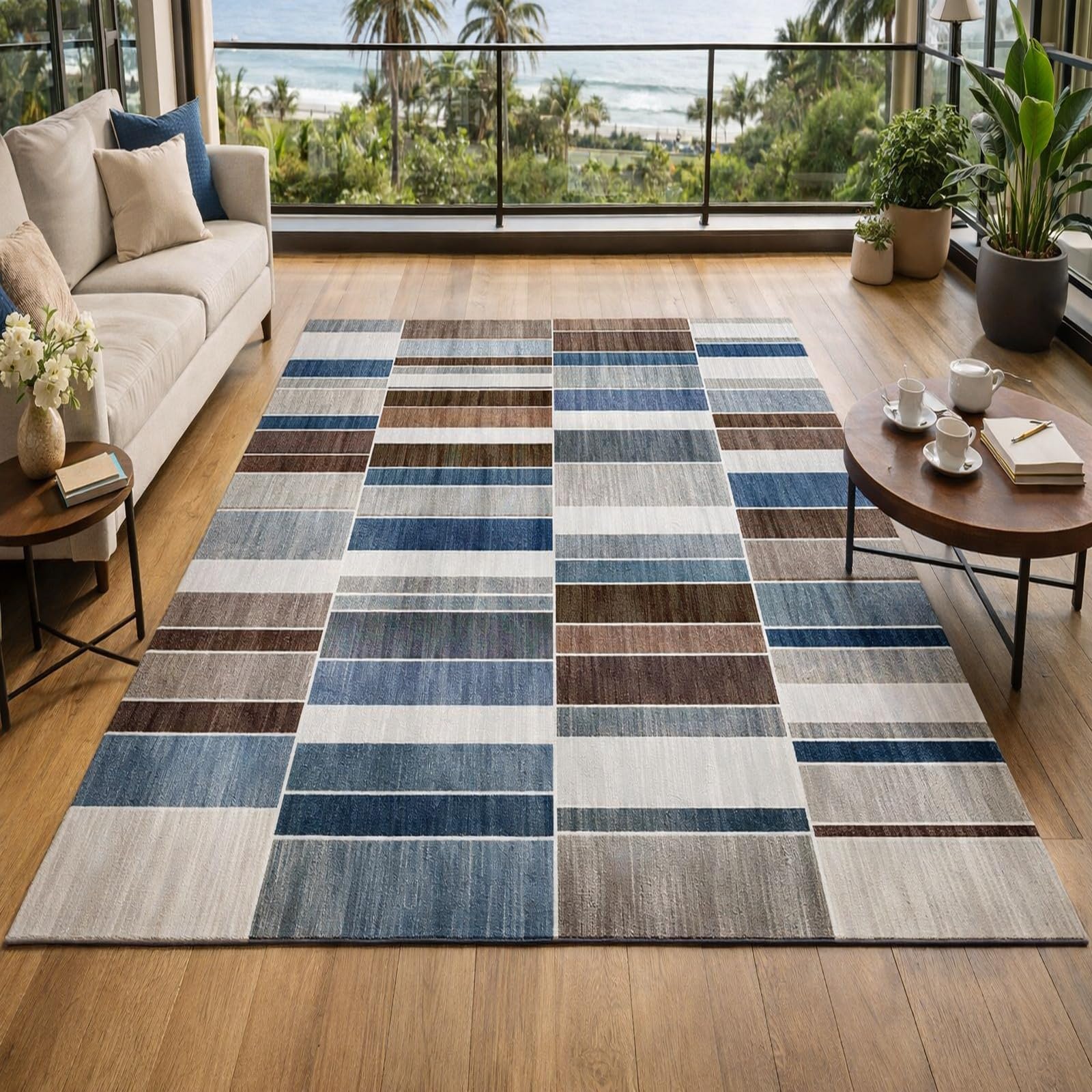 Tapis géométrie moderne marron bleu gris rectangulaire de salon 140x160cm