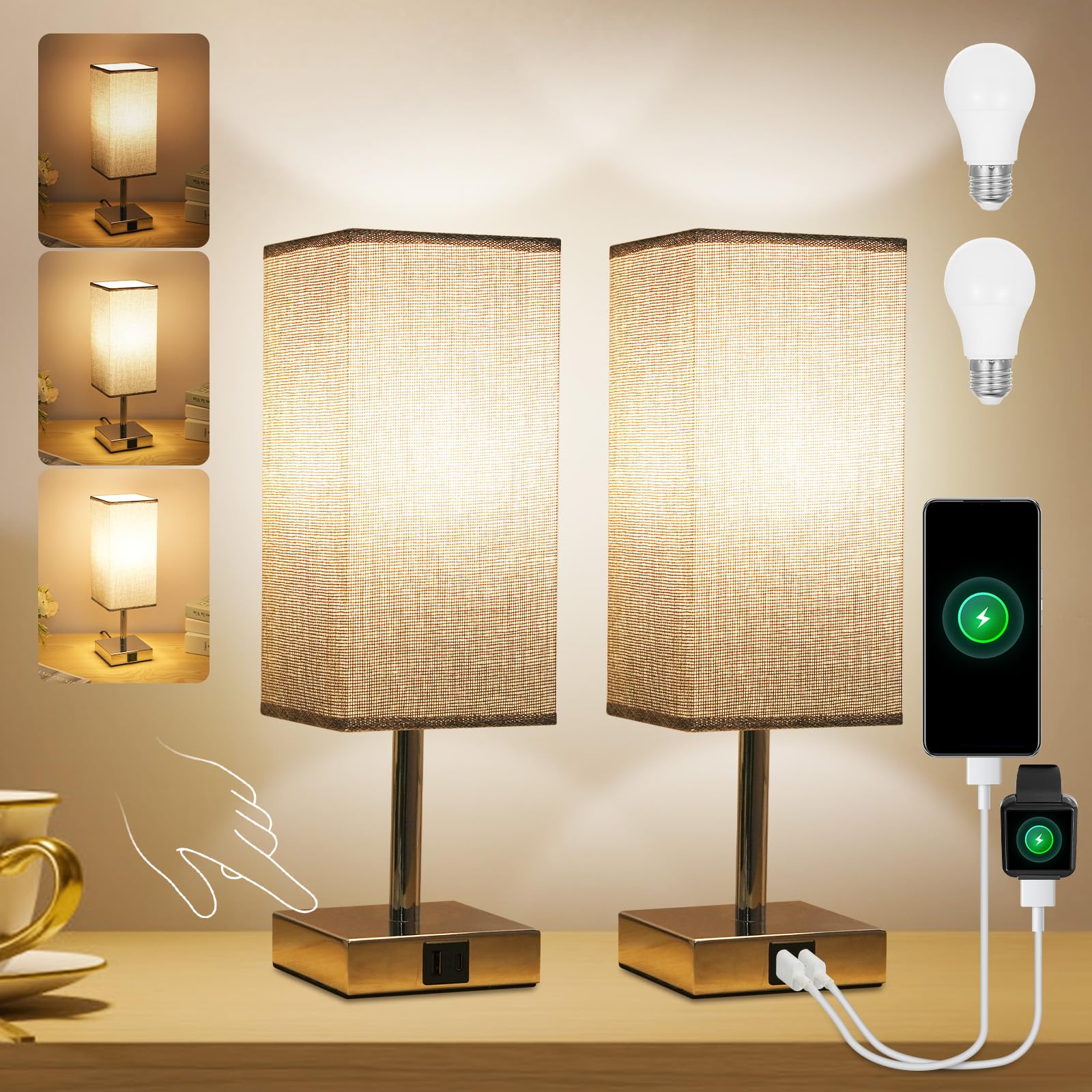 Neoglint Bedside Lamps Set of 2, Touch Control Table Lamps with USB-C+A Charging Ports and Bulbs