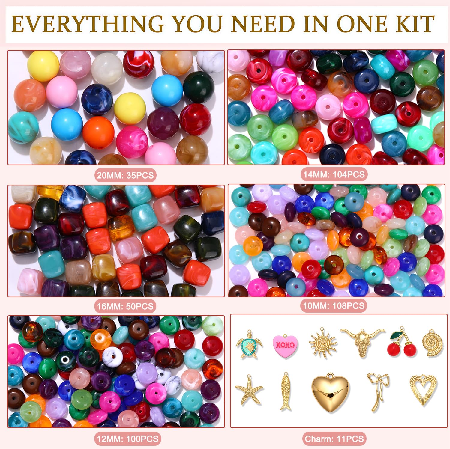 1450 cuentas gruesas para hacer collares, pulseras, joyas, 14 mm, 16 mm, 20 mm, kit de cuentas acrílicas coloridas con cuentas espaciadoras doradas, abalorios, cadenas, clips de llavero, cierres de