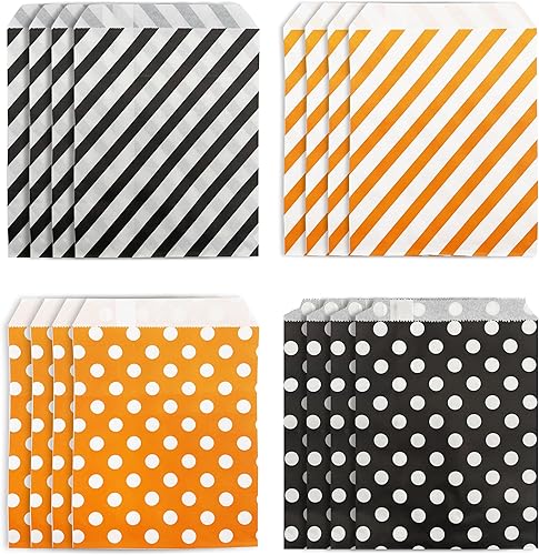 Miniatura 1 de Paquete de 100 bolsas de papel de Halloween con diseño de lunares y rayas, bolsas de bufé para Halloween, dulce o truco, bolsas de papel de regalo