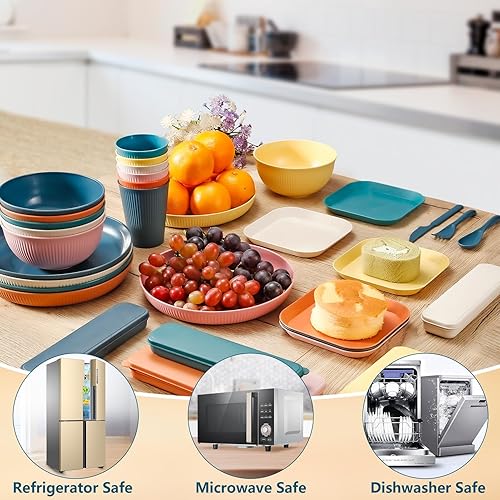 Miniatura 3 de Juego de vajilla de paja de trigo, 48 piezas, platos irrompibles, aptos para microondas, cuencos ligeros y reutilizables con platos, tazas,