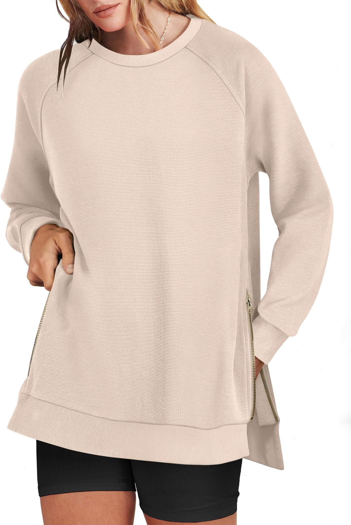ANRABESS Women's Oversized Sweatshirts Crewneck Long Sleeve Tunic Pullover Shirts Side Zipper Hoodies 2026 Spring Clothes