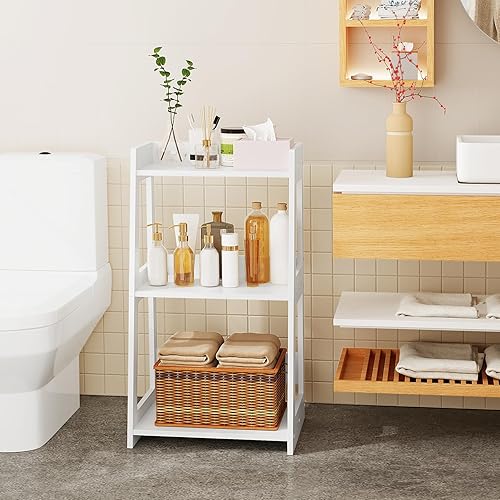 Miniatura 2 de Estante de escalera de baño de 3 niveles independiente, estantes de piso blancos, estantería abierta, mesita de noche pequeña para estudio en el