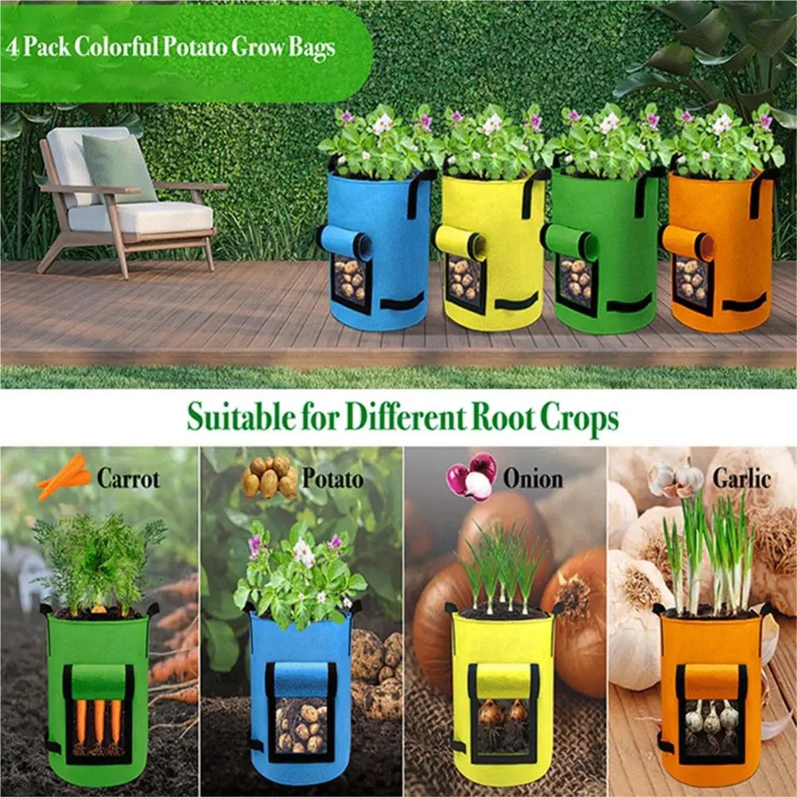 Sac Plantation Non Tissé Lot de 4 Sacs Plantation Pommes Terre colorés avec poignées renforcées, Robustes et réutilisables(15Gallon)