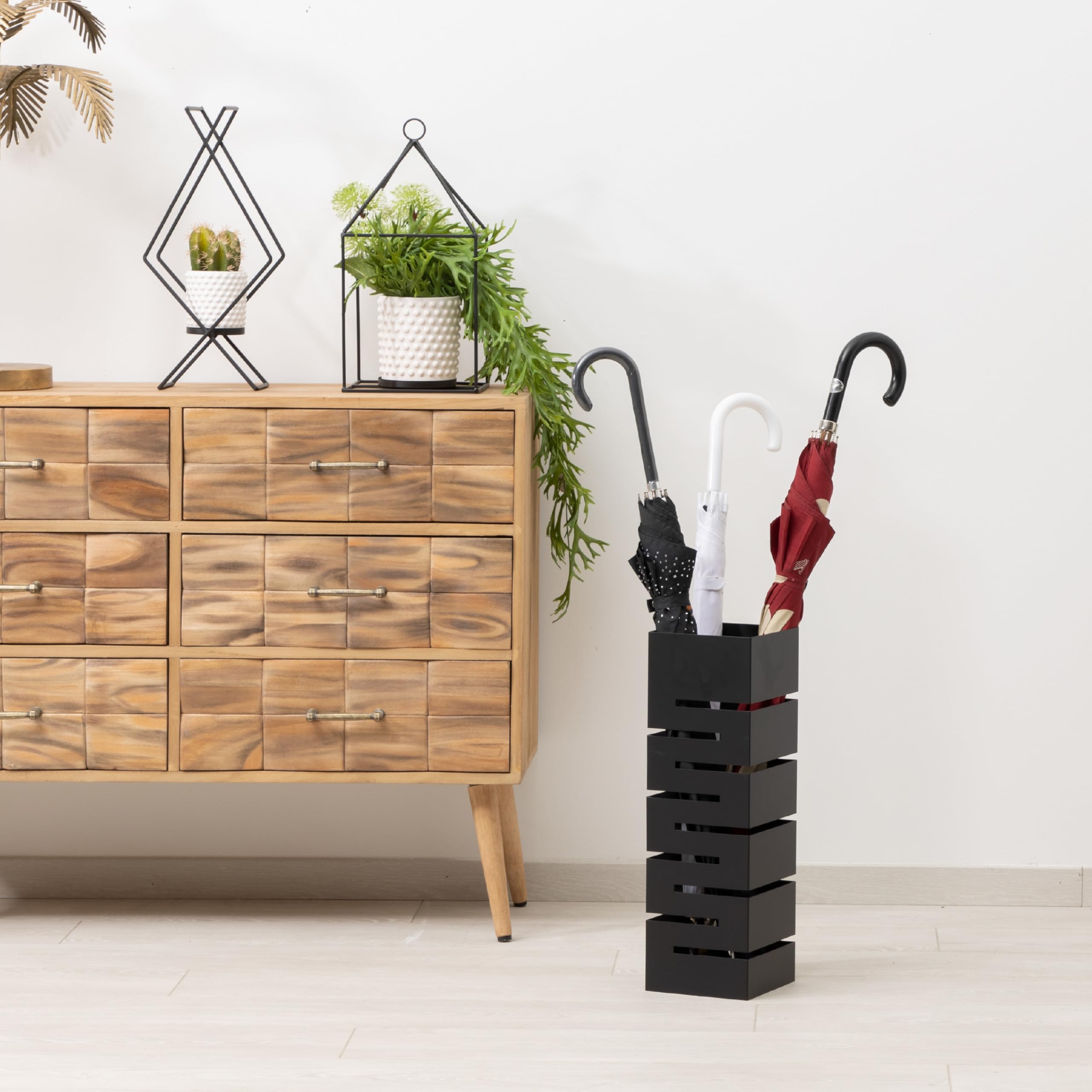 Baroni Home Paragüero Moderno Diseño Moderno con Tallado de Lluvia, Paragüero original con Gancho y Bandeja de Goteo Extraíble para Decorar el Hogar y la Oficina 15,5x15x49 cm (Negro)