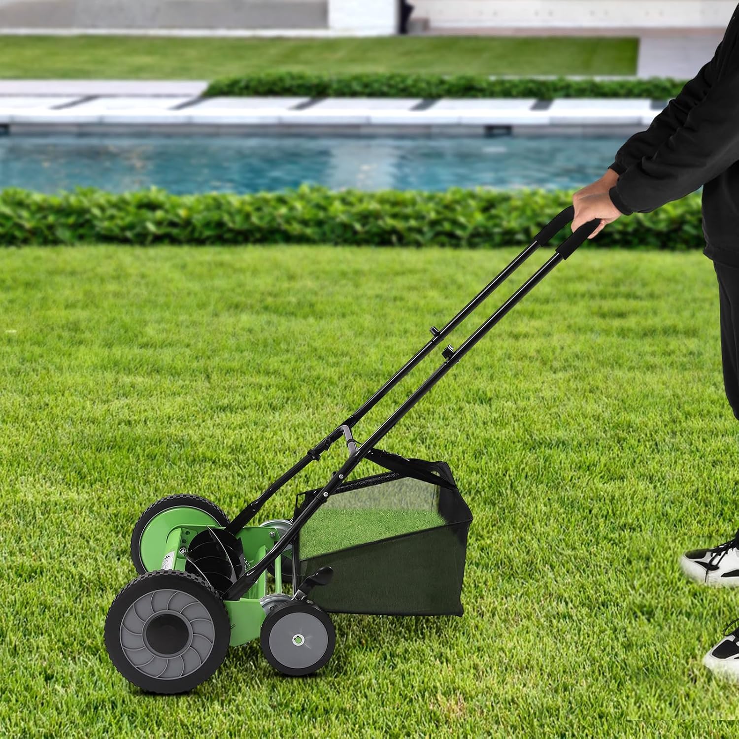 Reel Mower, 20" 5-Blades Manual Lawn Mower, Adjustable Cutting Heigh Push Lawn Mower w/Grass Catcher, Specialty Grass Mower, Green