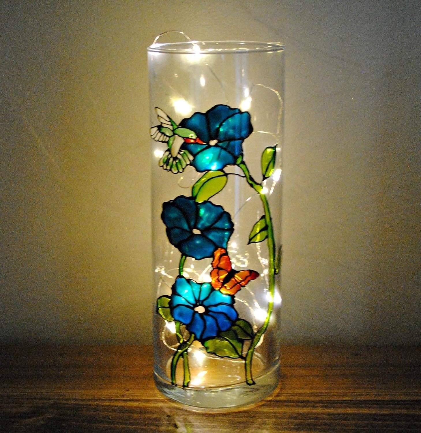 Hummingbird Butterfly Flower Hand Painted Stained Glass 7 Inch Cylinder Vase