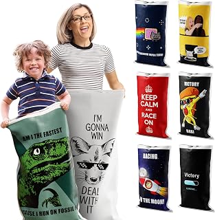 Potato Sack Race Bags | Yard Games | Durable, Interwoven Plastic | Fun, Meme Designs | Family Games For Kids And Adults | Party Supplies | Easter, BBQ, Picnic, Holiday | Set Of 8 | 23’’ x 40’’
