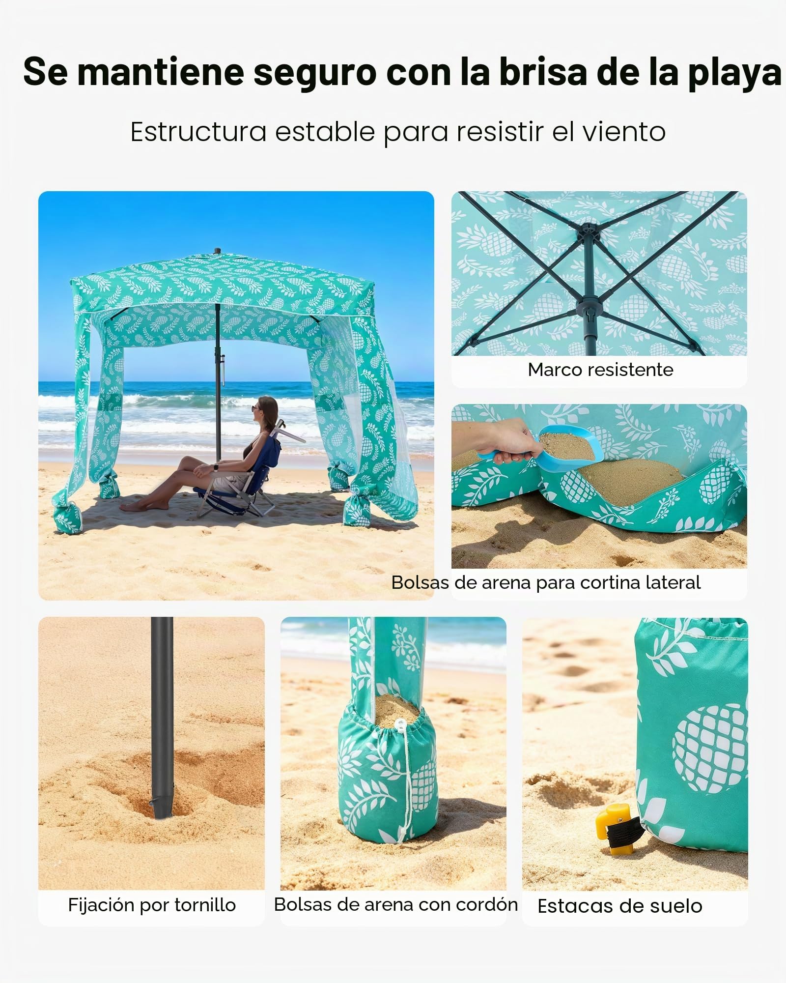 VEVOR Cabaña de Playa con Toldo Lateral, Ligero y Portátil, Protección Solar UPF 50+, Sacos de Arena y Sombrilla Portátil para Toda la Familia y Amigos, Rayas Verde Claro, 1830 x 1830 x 2290 mm