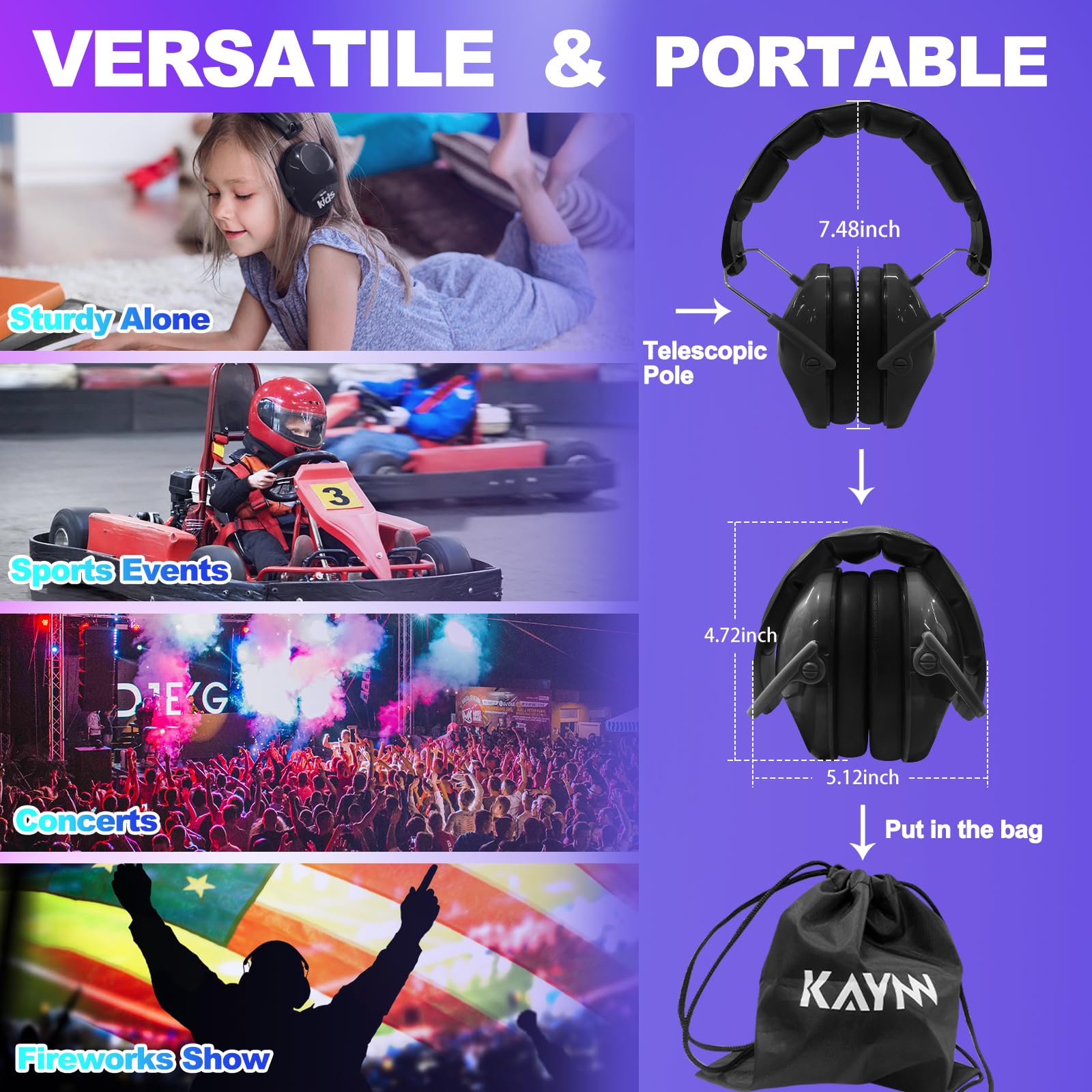 KAYNN 032 - Protección auditiva para niños para el ruido, auriculares con cancelación de ruido SNR de 28 dB para conciertos, auriculares sensoriales para autismo