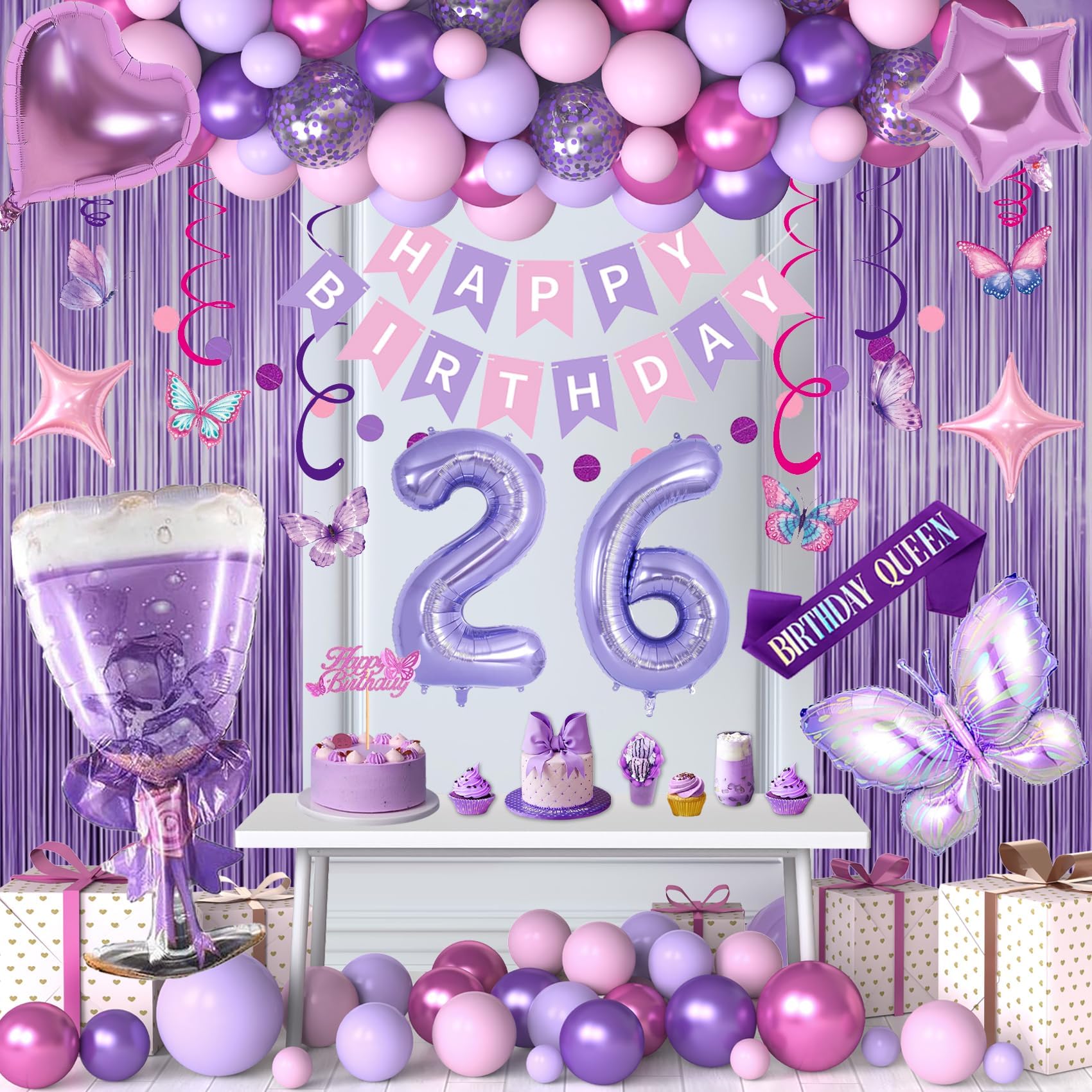 26th Purple Birthday Decorations, Pink Purple 26th Birthday Decorations for Women Girls Lavender Party Decor Set with Number Balloons, Foil Balloons,
