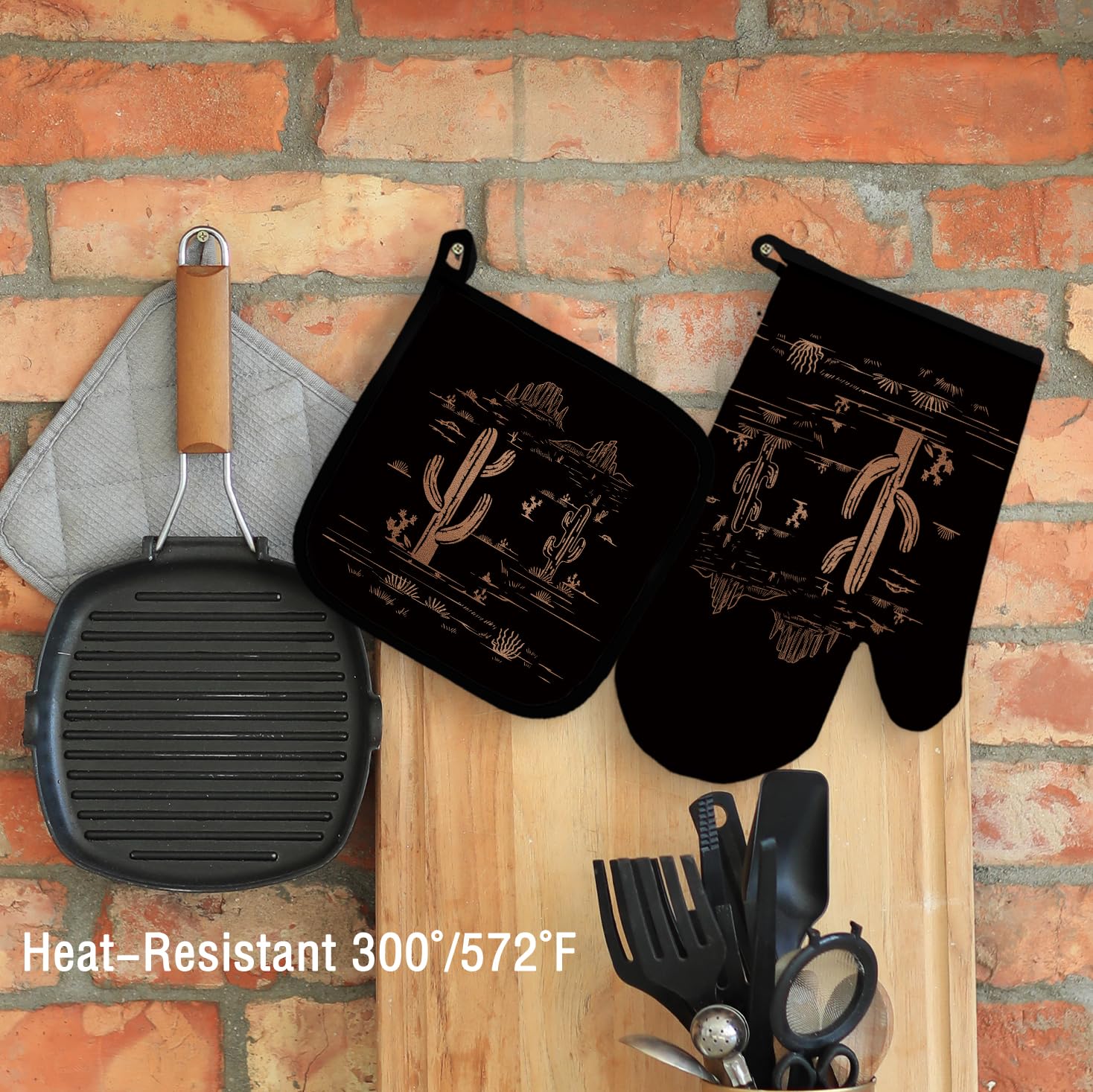 Western Desert - Juego de manoplas de horno y soportes para ollas, decoración de cocina de cactus, manoplas para cocina del suroeste occidental 3