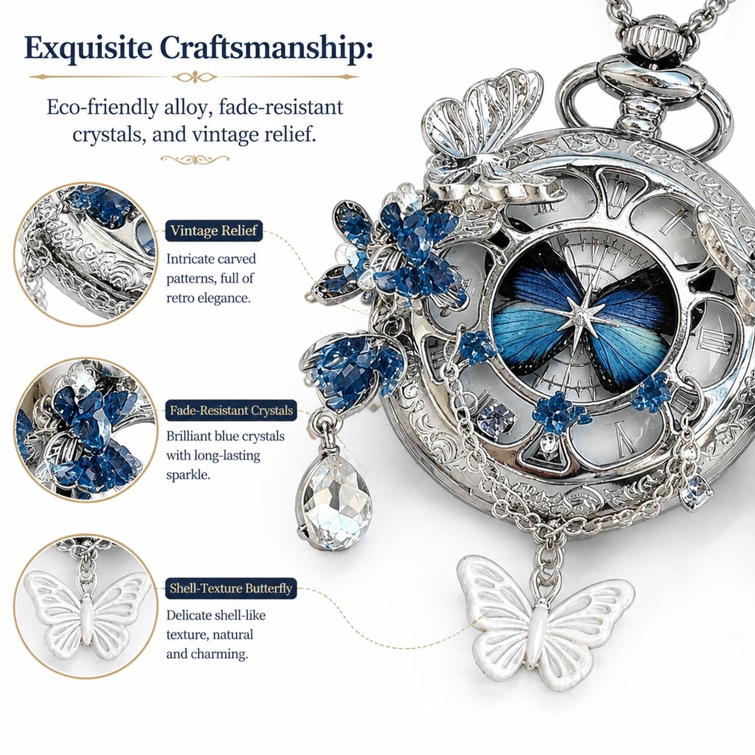 Schmetterling Taschenuhr Anhänger Silber Innen rotierendes Exemplar mit römischen Ziffern Einzigartiges Vintage Insekt Schmuck Geschenk Damen Anhänger