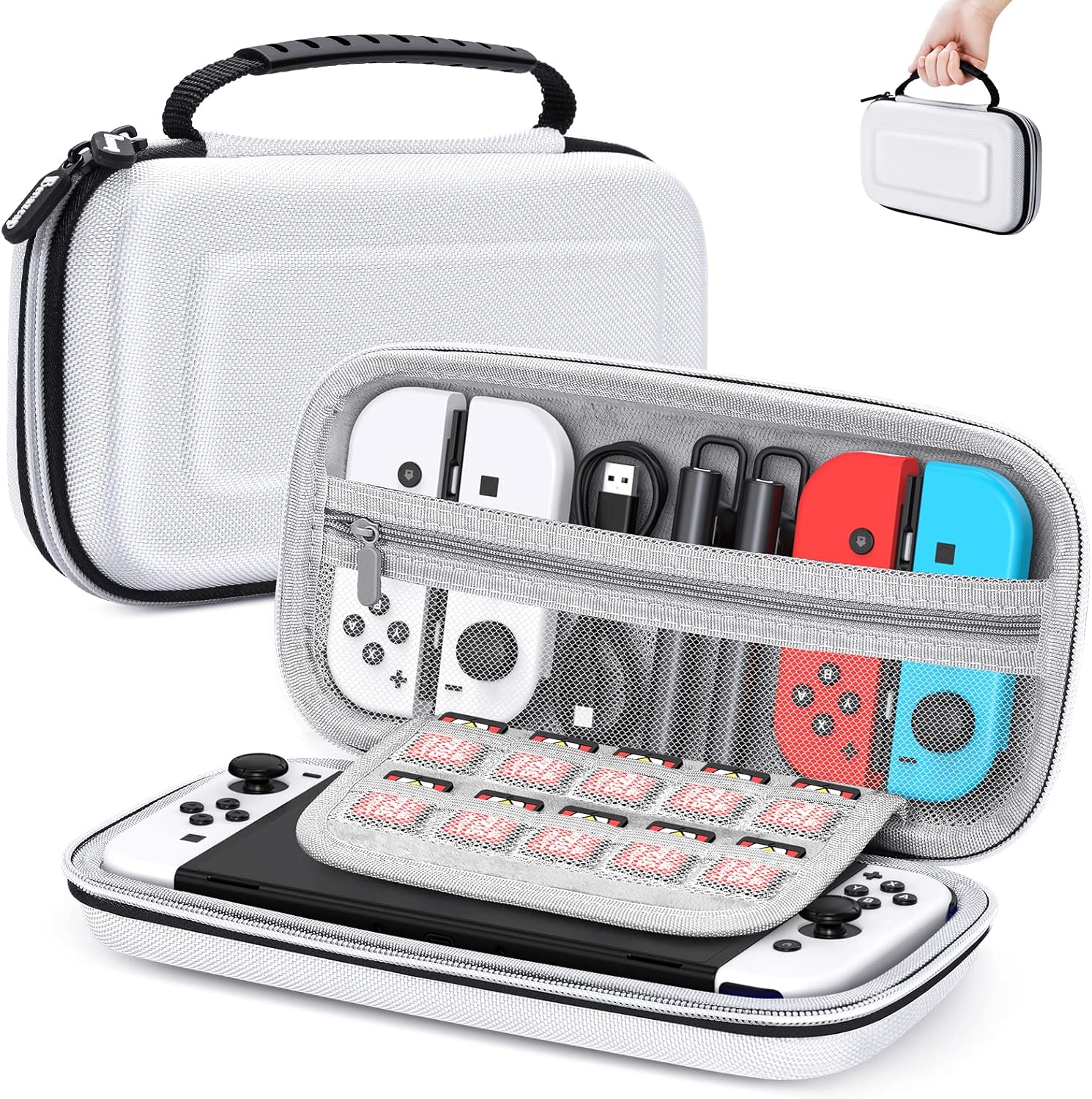 Benazcap Carrying Case Compatible with Nintendo Switch/Switch OLED Console, with 10 Games Storage Compartment - Protective Hard Shell Travel Carrying Case Pouch for Console & Accessories, White