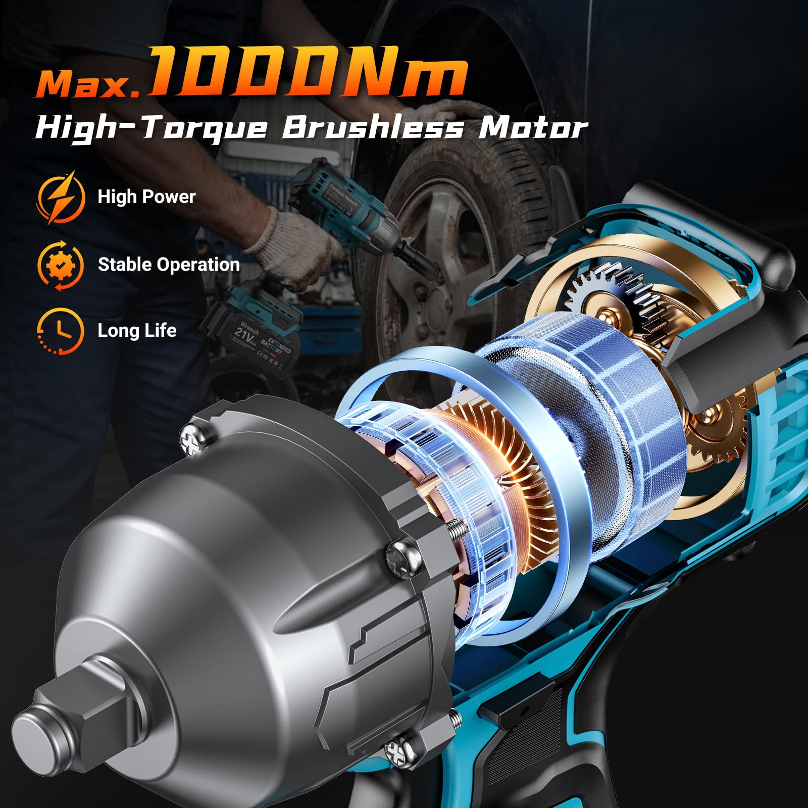 1100N.m Clé à Chocs Sans Fil, 2 x 4000mAh Batterie Clé à Chocs Sans Fil Brushless, Boulonneuse a Choc Electrique avec 5 Douilles Puissance, pour changer les pneus des camions