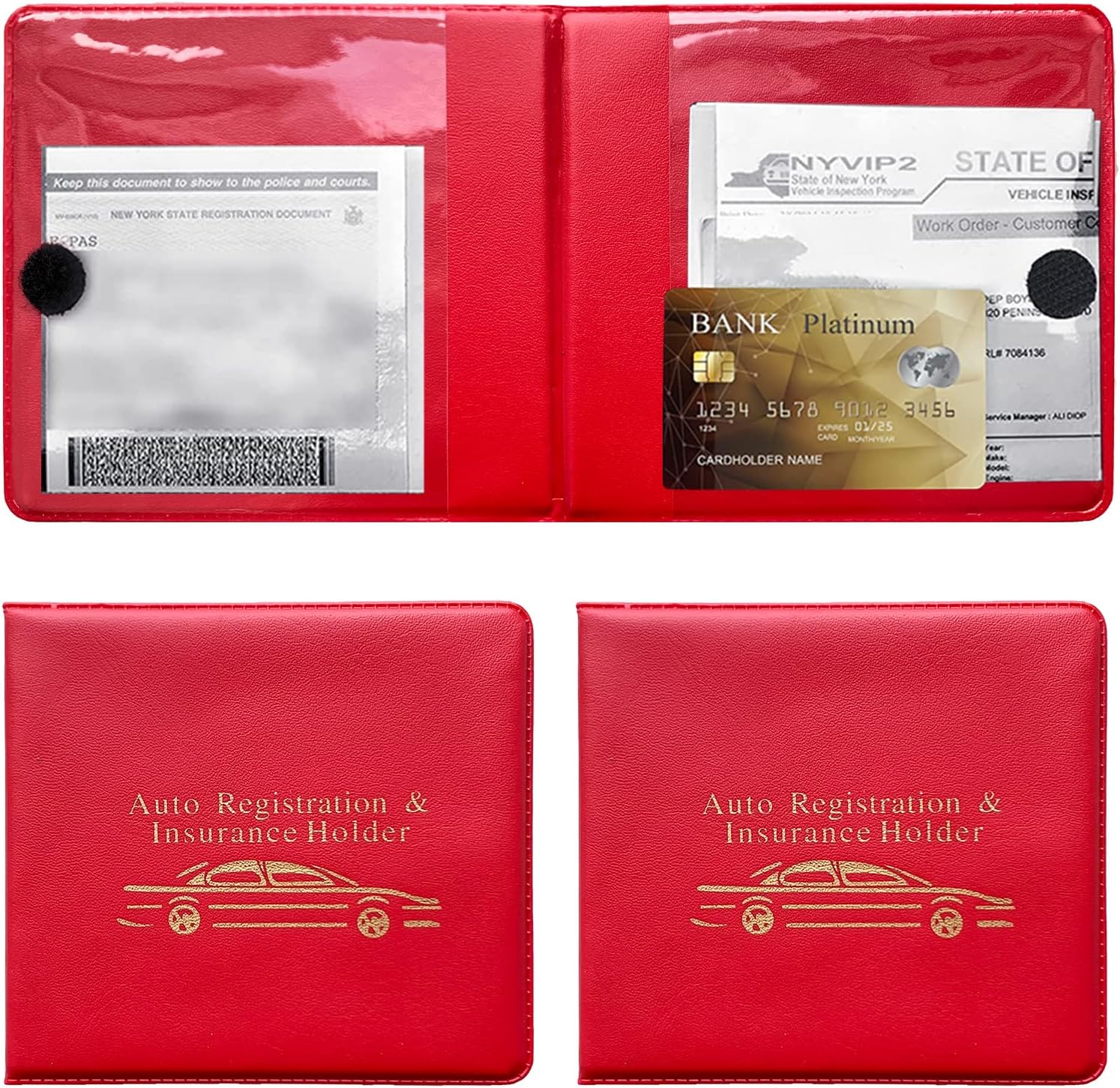 Kewucn Car Registration and Insurance Holder, 2 Pack Premium Auto Essential Document Organizers, Universal Vehicle Interior Accessories for Most Cars(Style 4, Red)