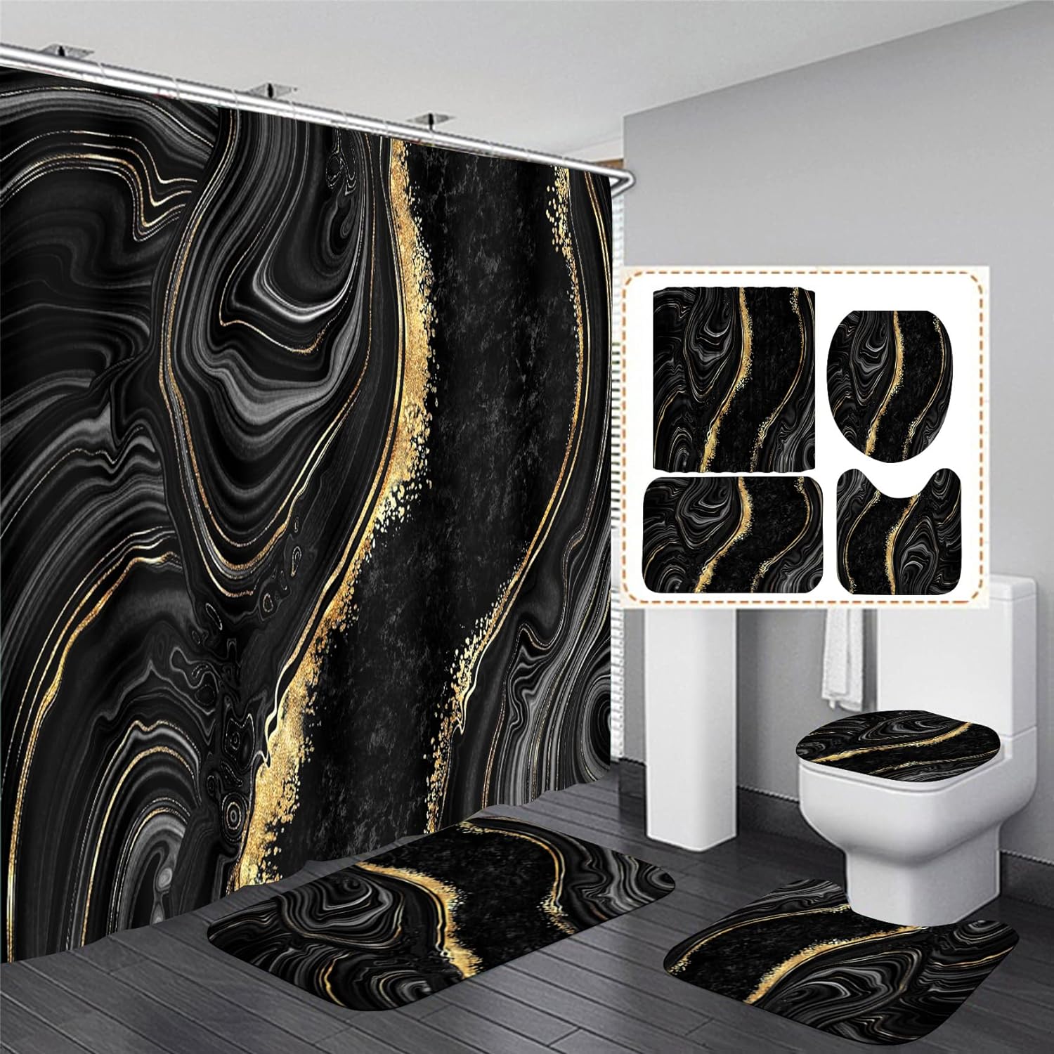 Nkzply Black Marble 4-Pc Shower Curtain Set with Rugs, Hooks & Toilet Cover - Modern Gold Abstract Bathroom Decor