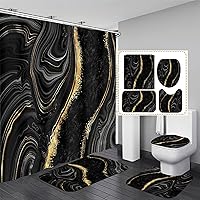 Nkzply Black Marble 4-Pc Shower Curtain Set with Rugs, Hooks & Toilet Cover - Modern Gold Abstract Bathroom Decor