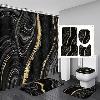 Nkzply Black Marble 4-Pc Shower Curtain Set with Rugs, Hooks & Toilet Cover - Modern Gold Abstract Bathroom Decor