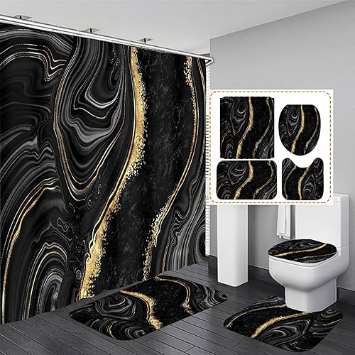 Nkzply Juego de 4 cortinas de ducha de mármol negro y dorado con cortina de ducha y alfombras, accesorios de decoración abstracta moderna de baño,