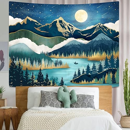 Miniatura 4 de Accnicc Tapiz de montaña, bosque natural, árbol, tapices para dormitorio, estético, noche estrellada, luna, estrellas, tapices para colgar en la