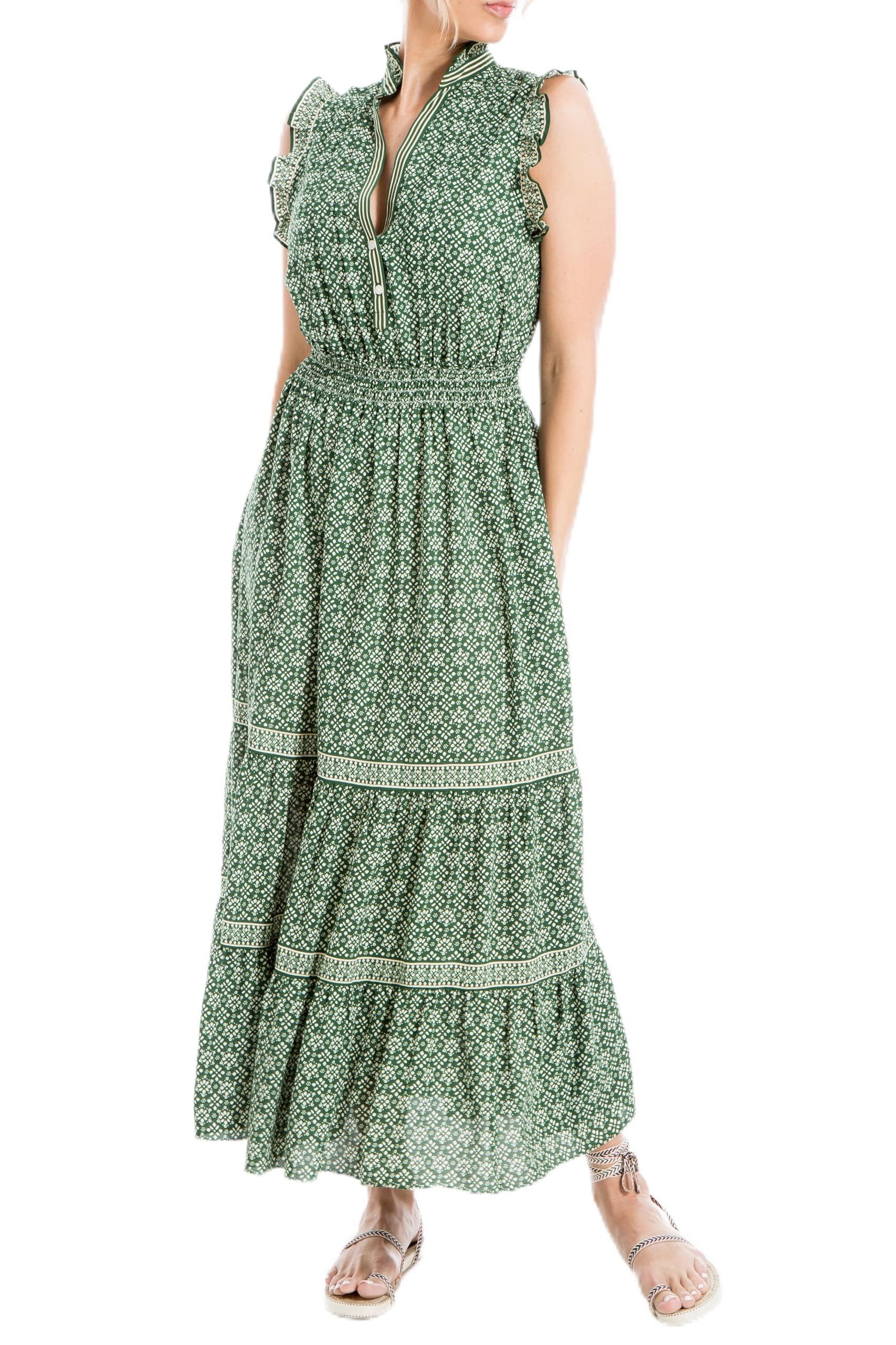 Max StudioWomen's Short Sleeve Ruffle Neck Button Top Maxi Tiered Dress