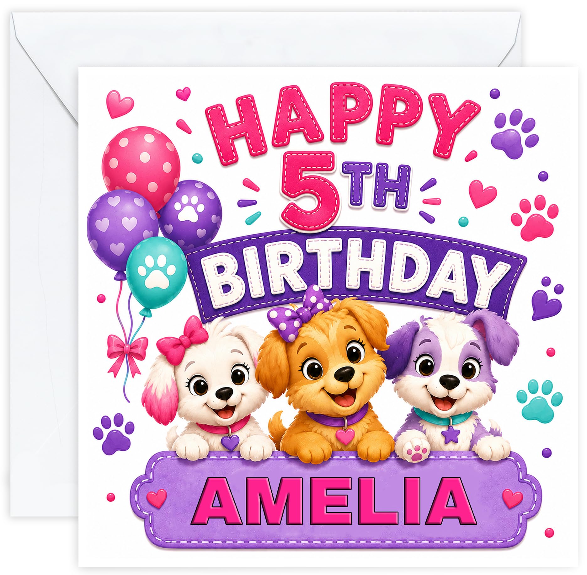 Personalised Girls 5th Birthday Card – Puppy Party – Name