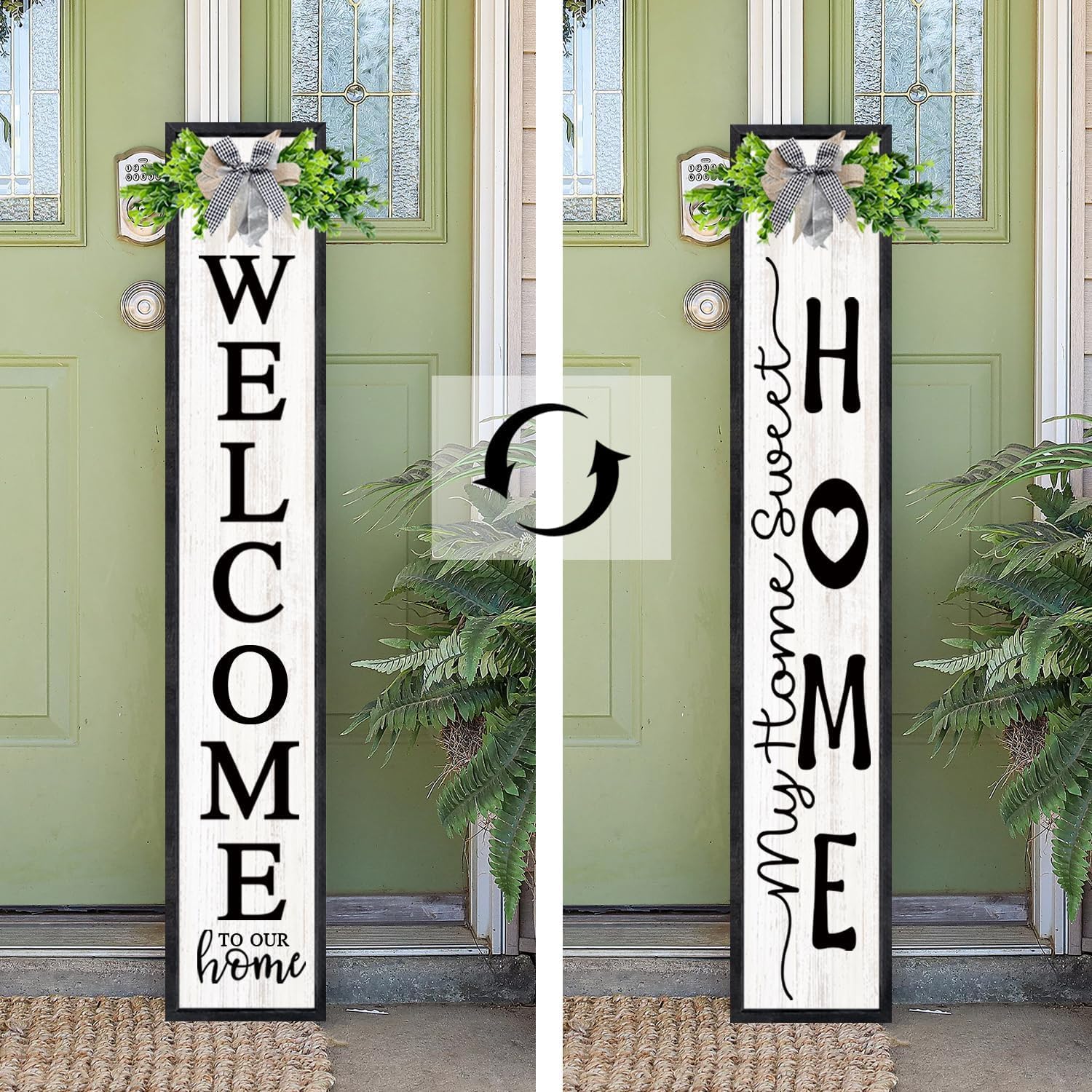 Double-sided Welcome Sign for Front Door, 45"X9" Wooden Welcome to Our Home Outdoor Welcome Signs for Porch with Magnetic-adhesive Wreath, 2in1 Vertical Tall Welcome Porch Sign, Black