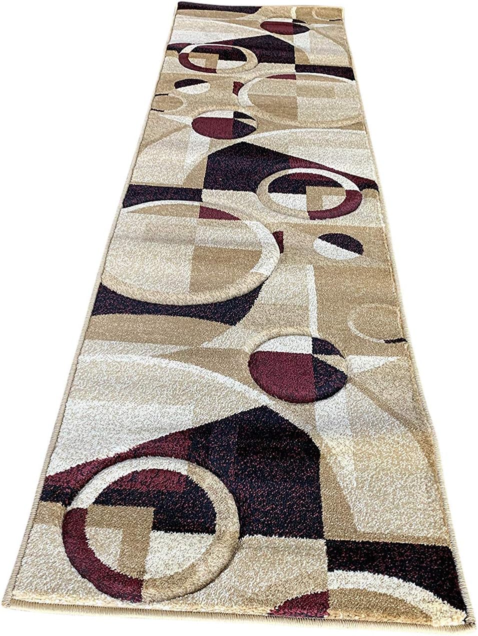 Modern Runner Area Rug 400,000 Point Black Burgundy Beige Contemporary Design 322 (2 Feet X 7 Feet 3 Inch)