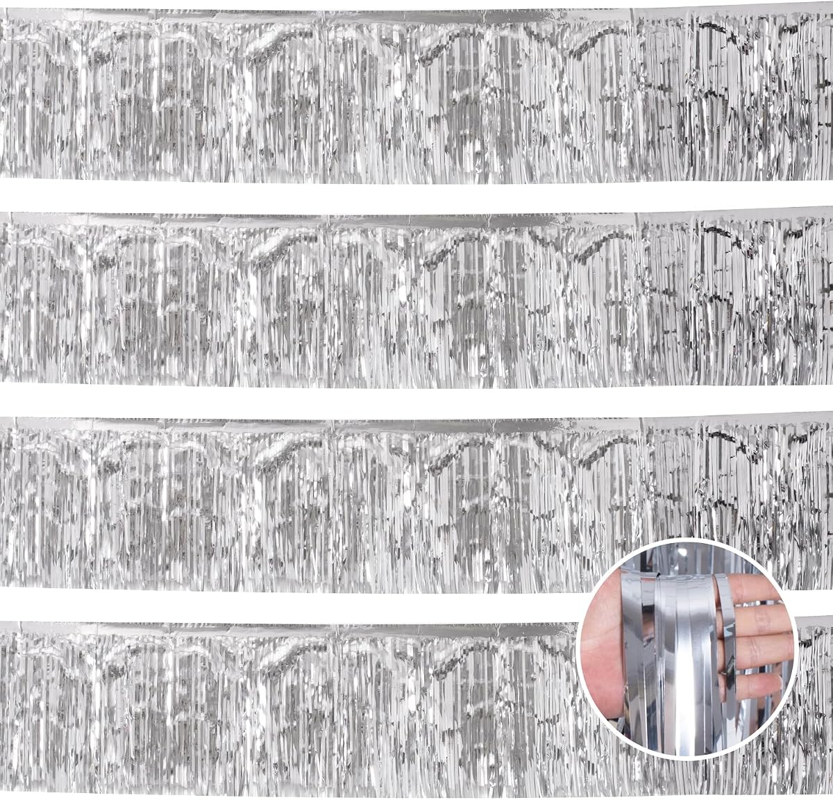 Silver Party Decorations 4Pack 48FT Streamers - Guirnalda de oropel de fondo de cumpleaños - Suministros de decoración de bodas de plata - Decoraciones de techo de aula - Flecos de artículos de fiesta de primera calidad