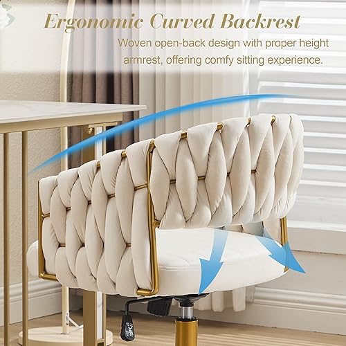 Miniatura 4 de ABET Silla de escritorio con ruedas, silla de terciopelo para oficina en casa, sillón giratorio con base dorada, inclinación trasera ajustable,