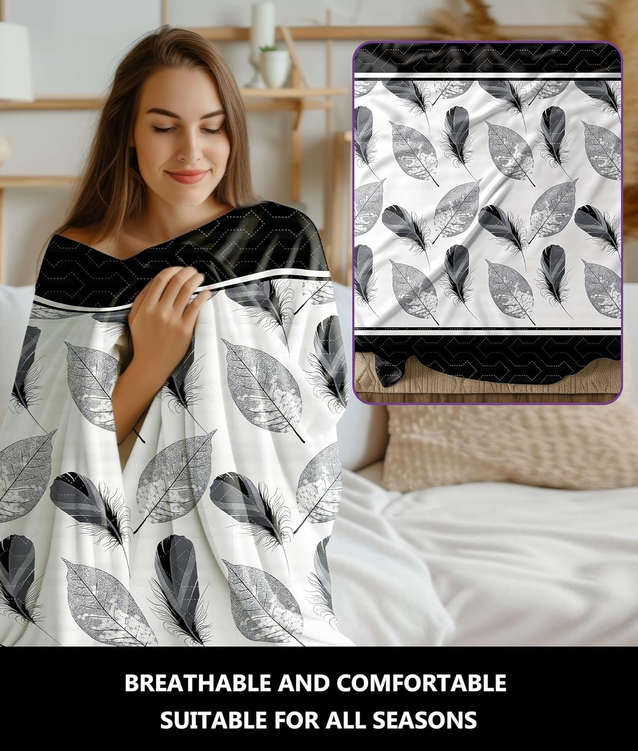 Lightweight 9 pcs Queen Bed in a Bag with Curtains 1 Bedspread 2 Pillowcases 2 Print 4 Solid Curtains Microfiber Monochrome Bed Cover Bedroom Decor Duvet Black Grey White Feather Foliage