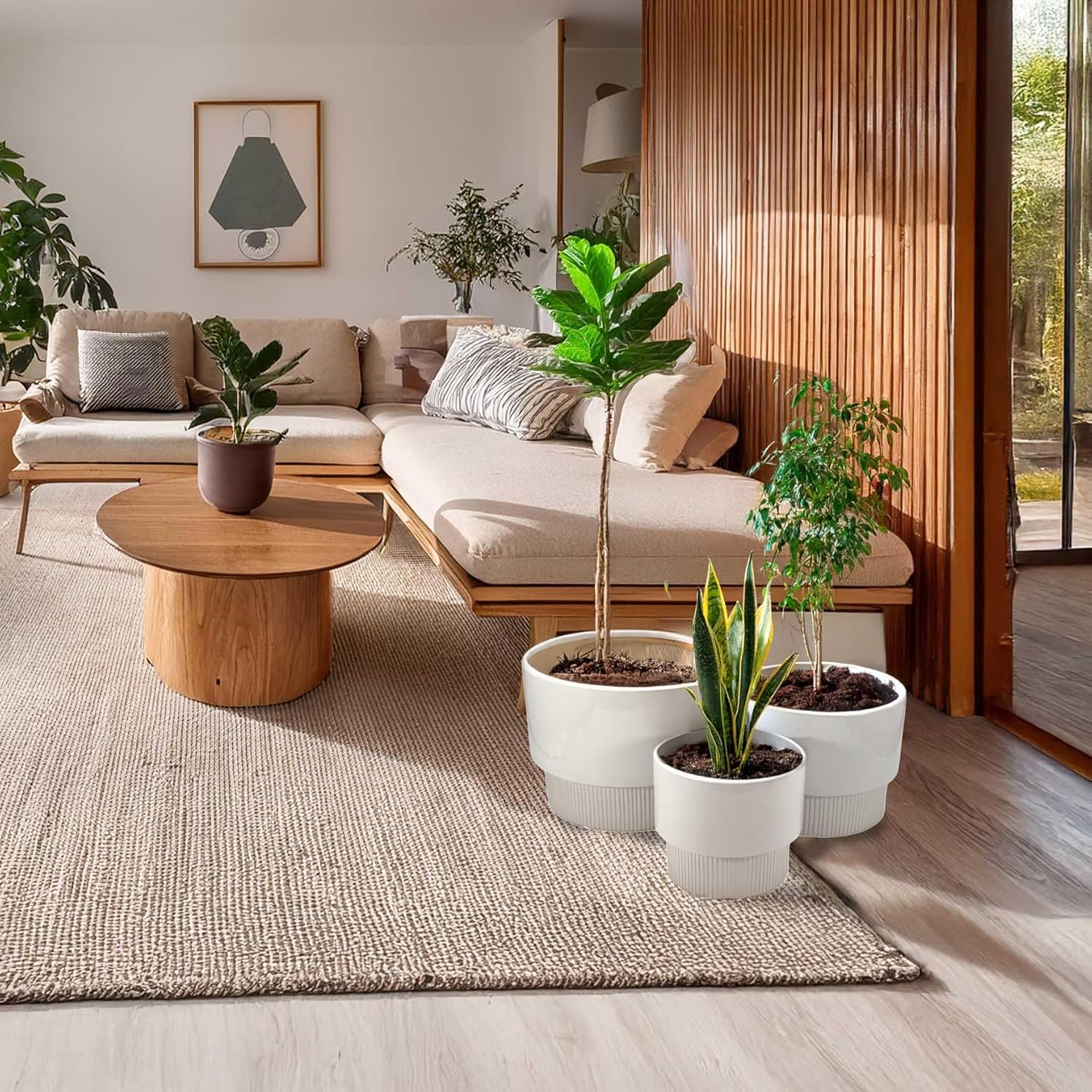 Galt International Set of 3 (8", 10", 12") Mid Century Modern Off White Flat Ribbed Ceramic Planter Pots Flower Pot Indoor House Plants Decor w/Drainage Hole & Plug