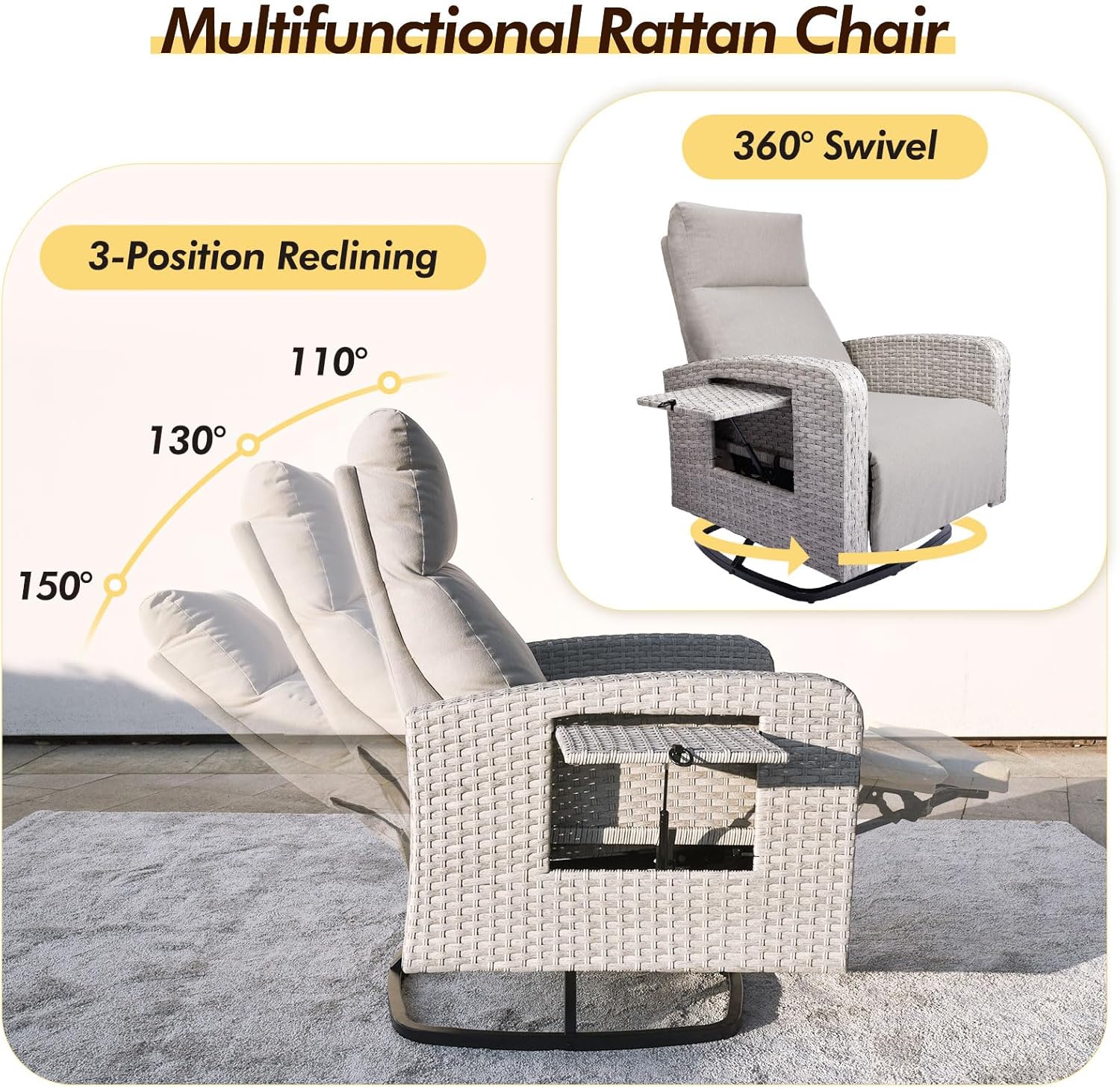 Outdoor 360° Swivel Rattan Recliner Chair Set of 2 Patio Wicker Chaise Lounge Chair 350 lbs with Adjustable Backrest & Footrest & Side Table