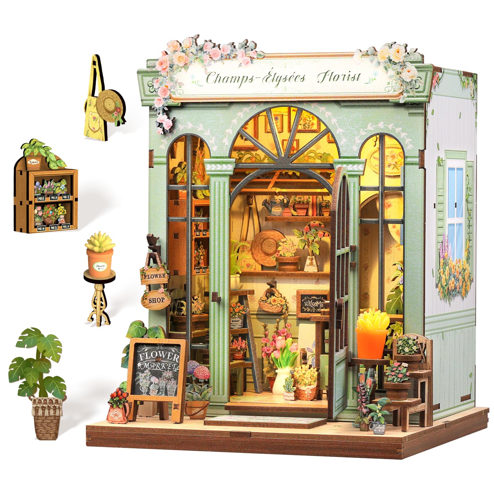 Cutefun Book Nook Kit - DIY Case delle bambole miniatura per adulti, puzzle 3D in legno con LED, Il miglior regalo per una donna (fiorista Champs-élysées)