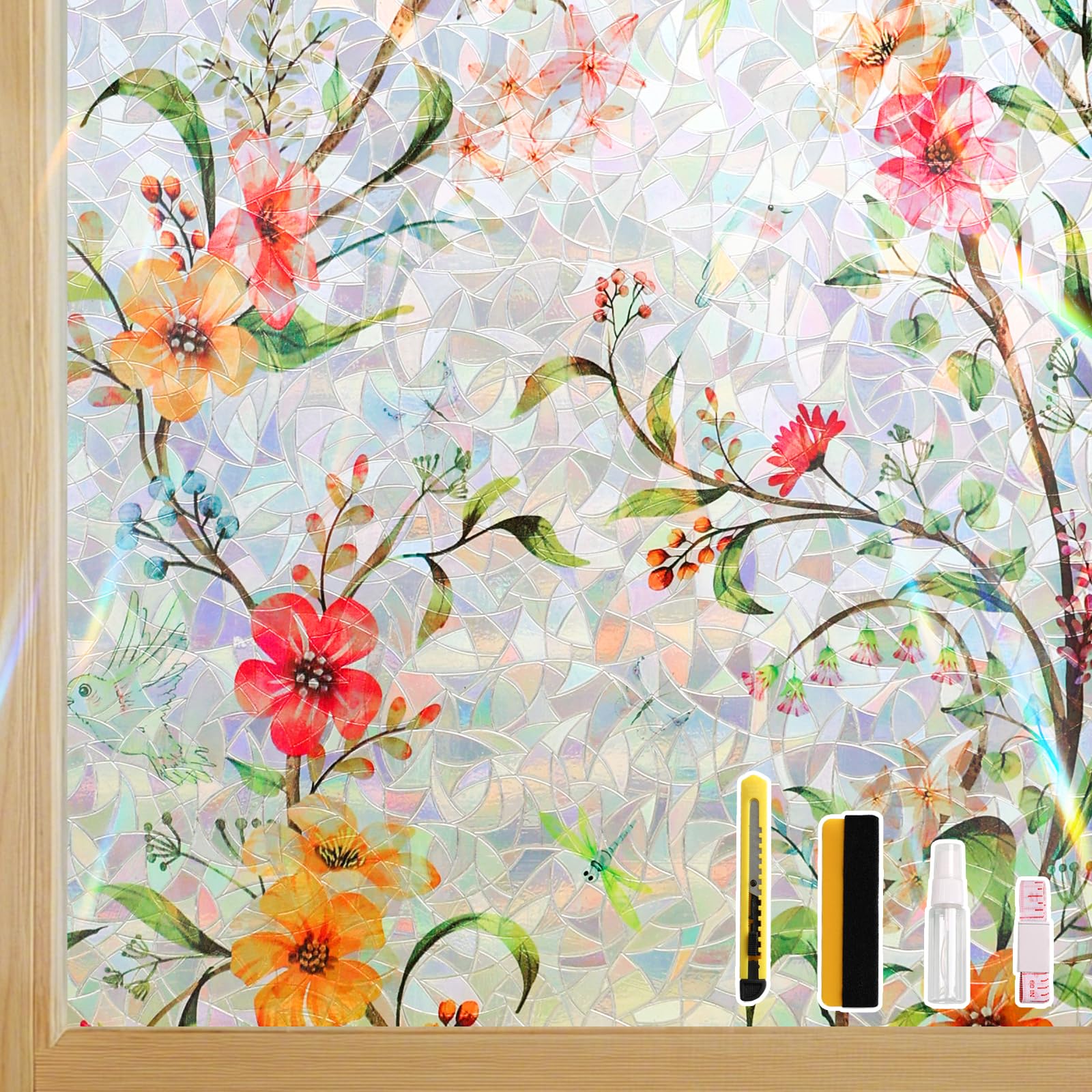 Film pour vitrail anti-regard électrostatique à effet arc-en-ciel floral